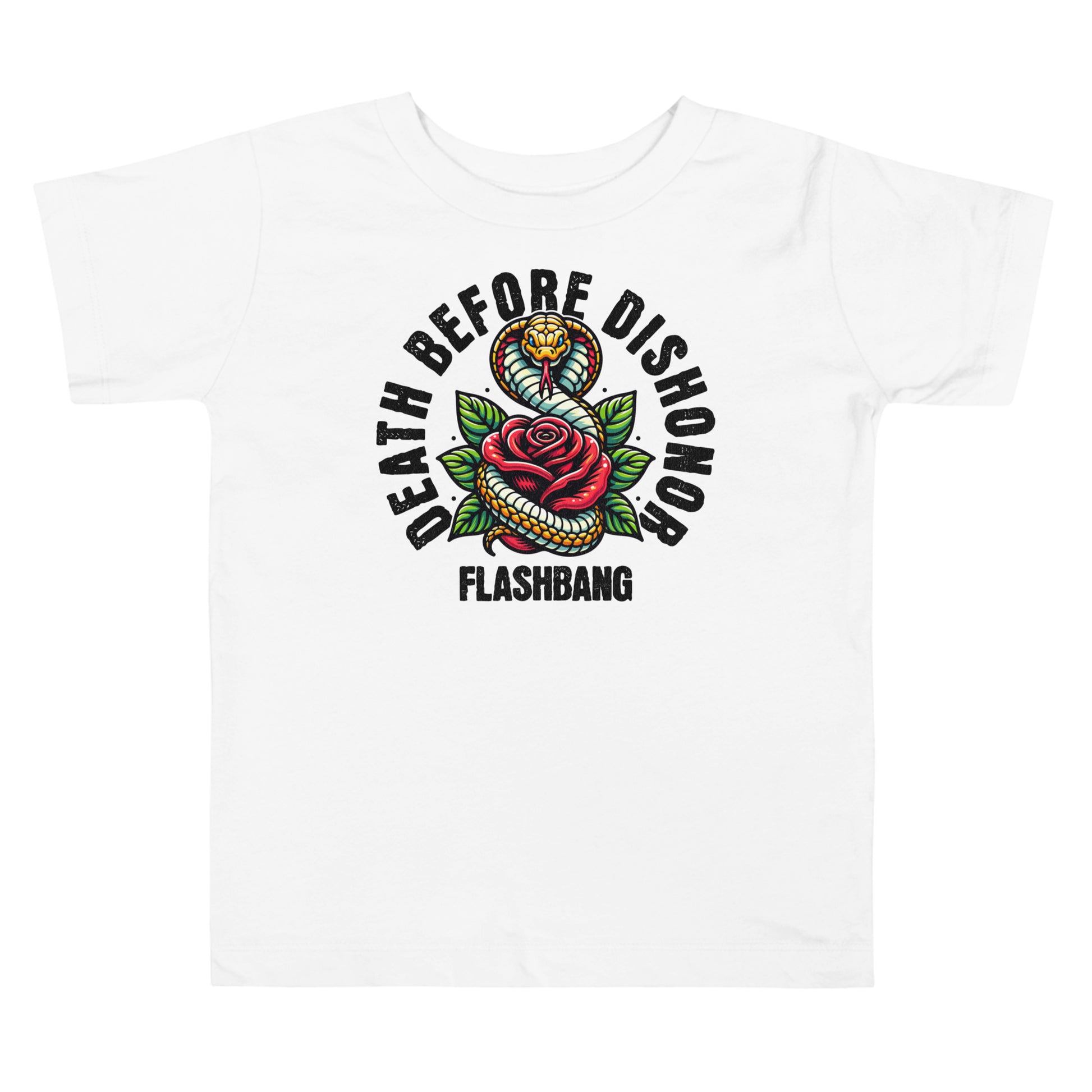 White t-shirt with 'Death Before Dishonor Flashbang' graphic design on a white background