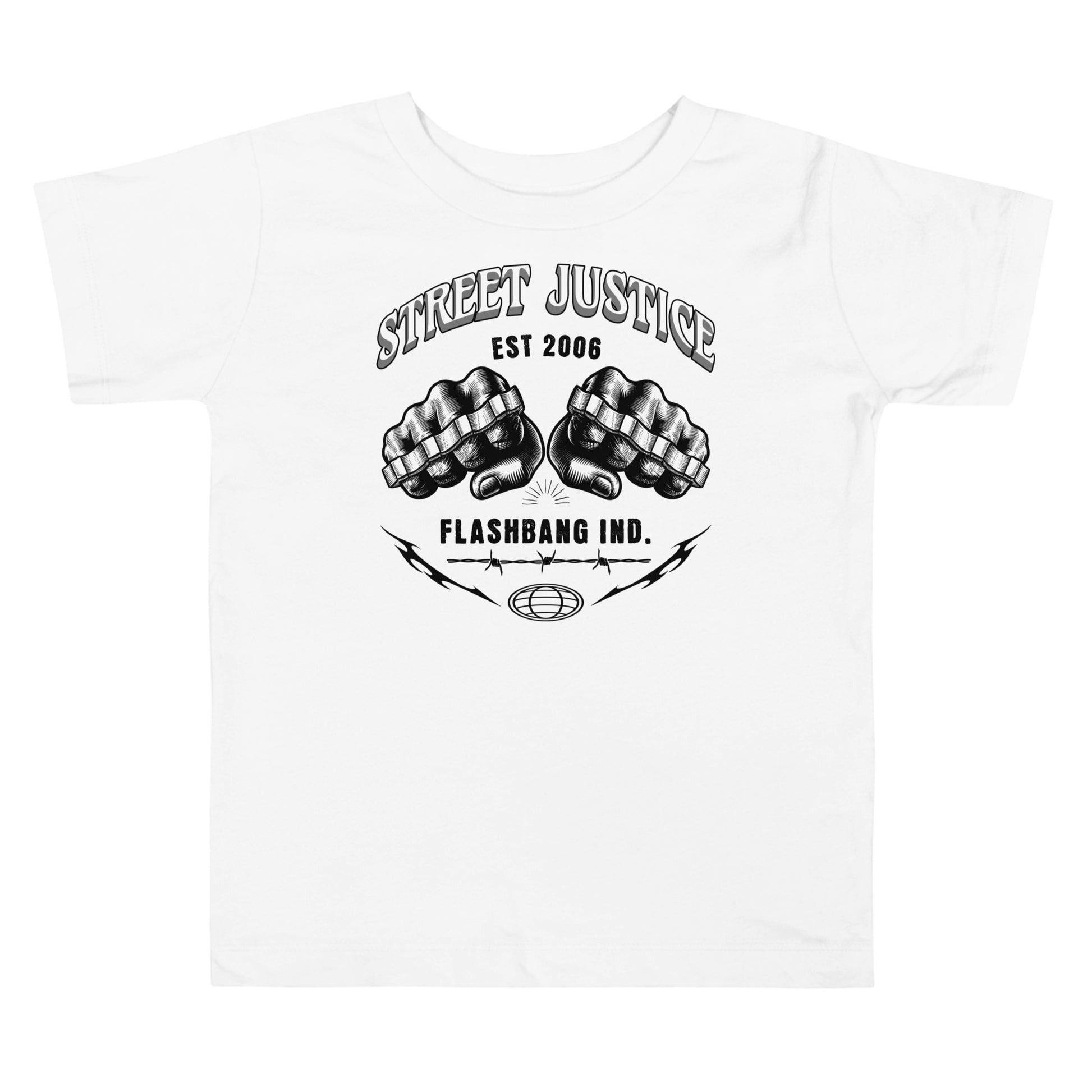 White t-shirt with black graphic design featuring fists and text on a white background