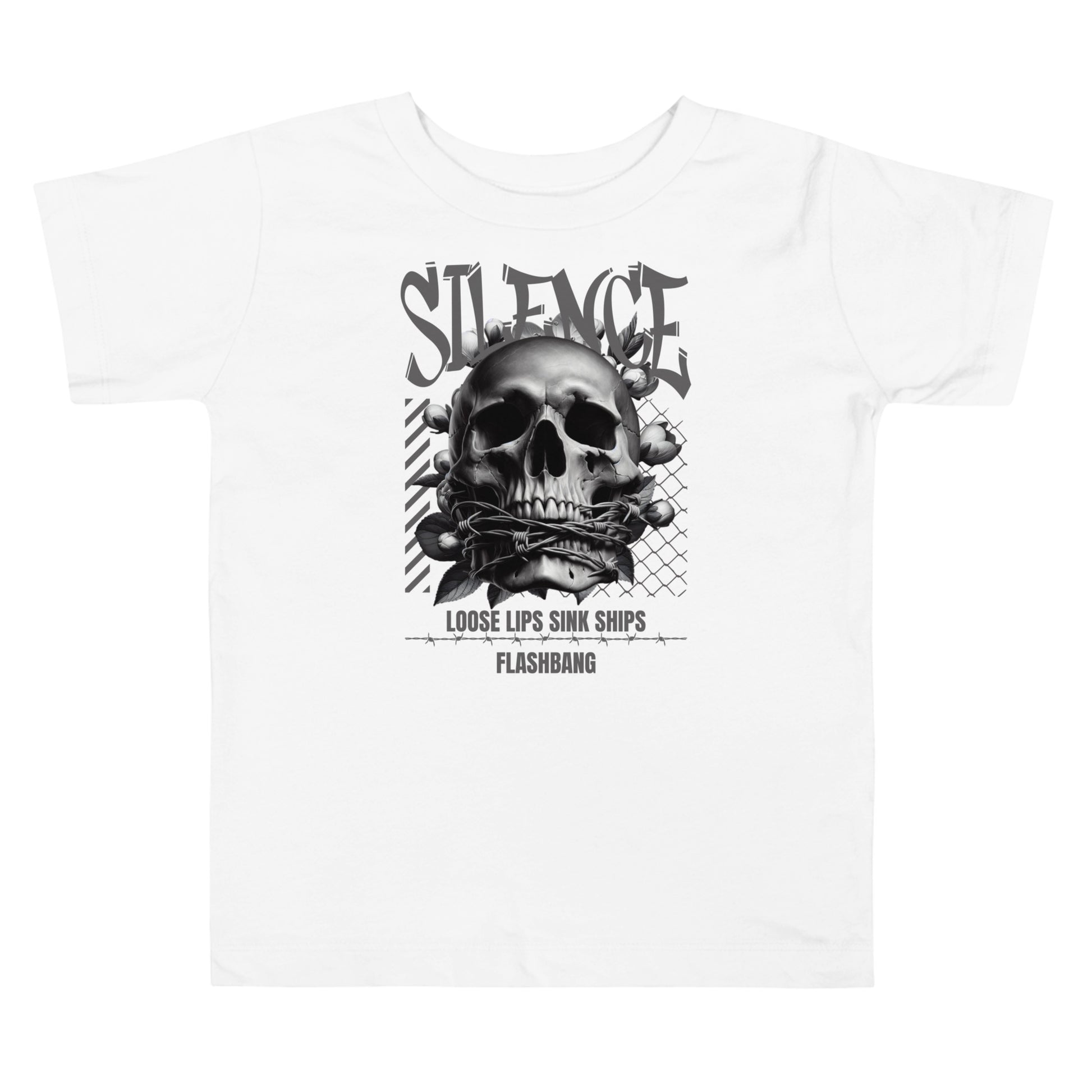 White t-shirt with a black and gray graphic design featuring a skull and text on a white background.