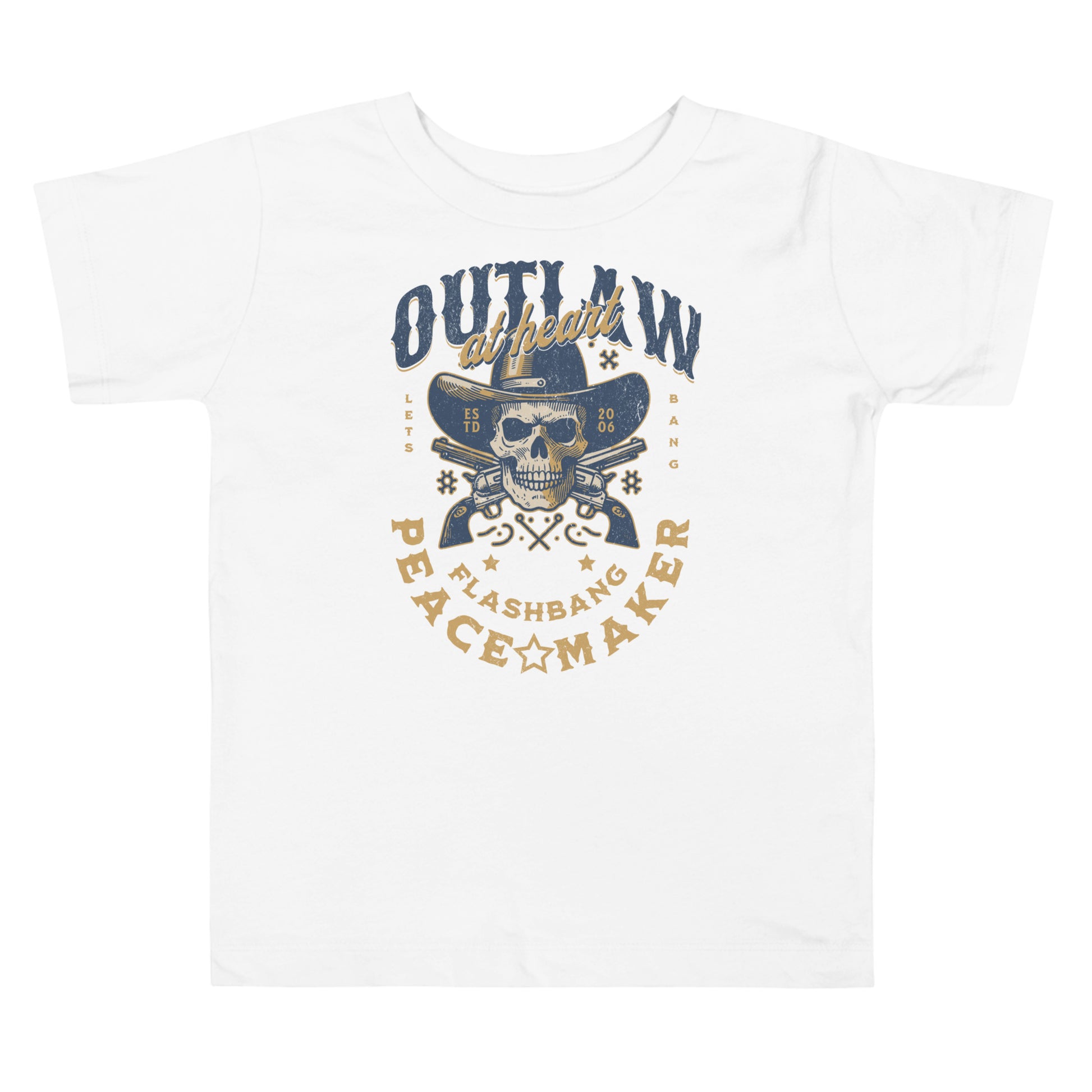 White t-shirt with a graphic design featuring a skull, hat, and text on a white background