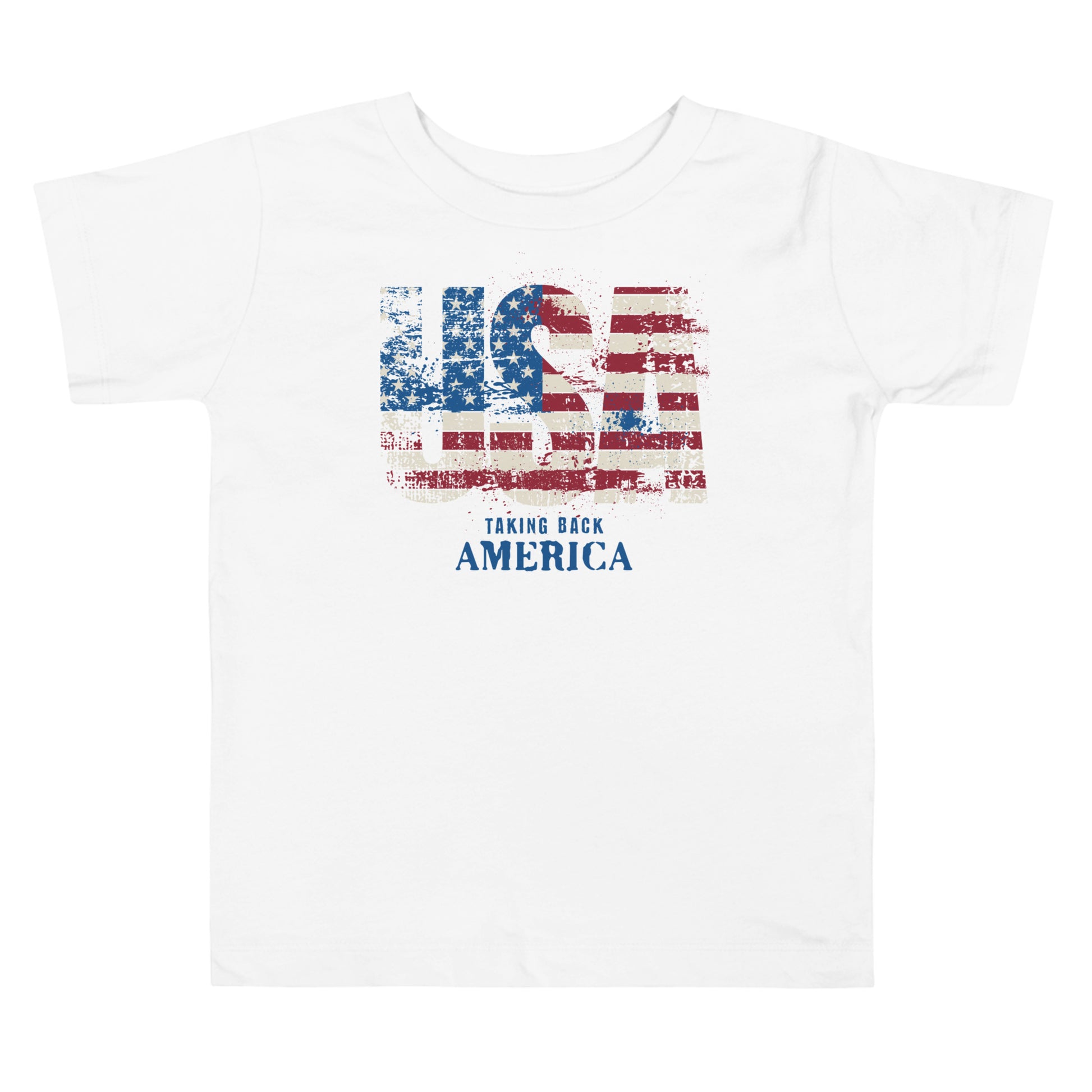 White t-shirt with American flag graphic and 'Taking Back America' text on a white background