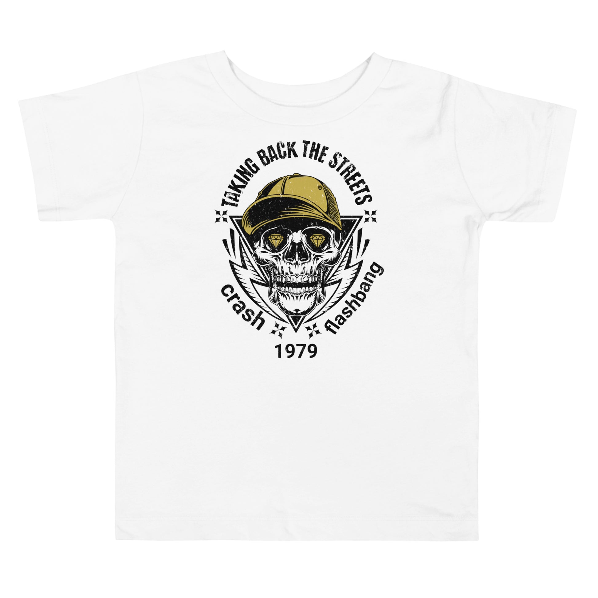White t-shirt with a graphic design featuring a skull and text on a white background