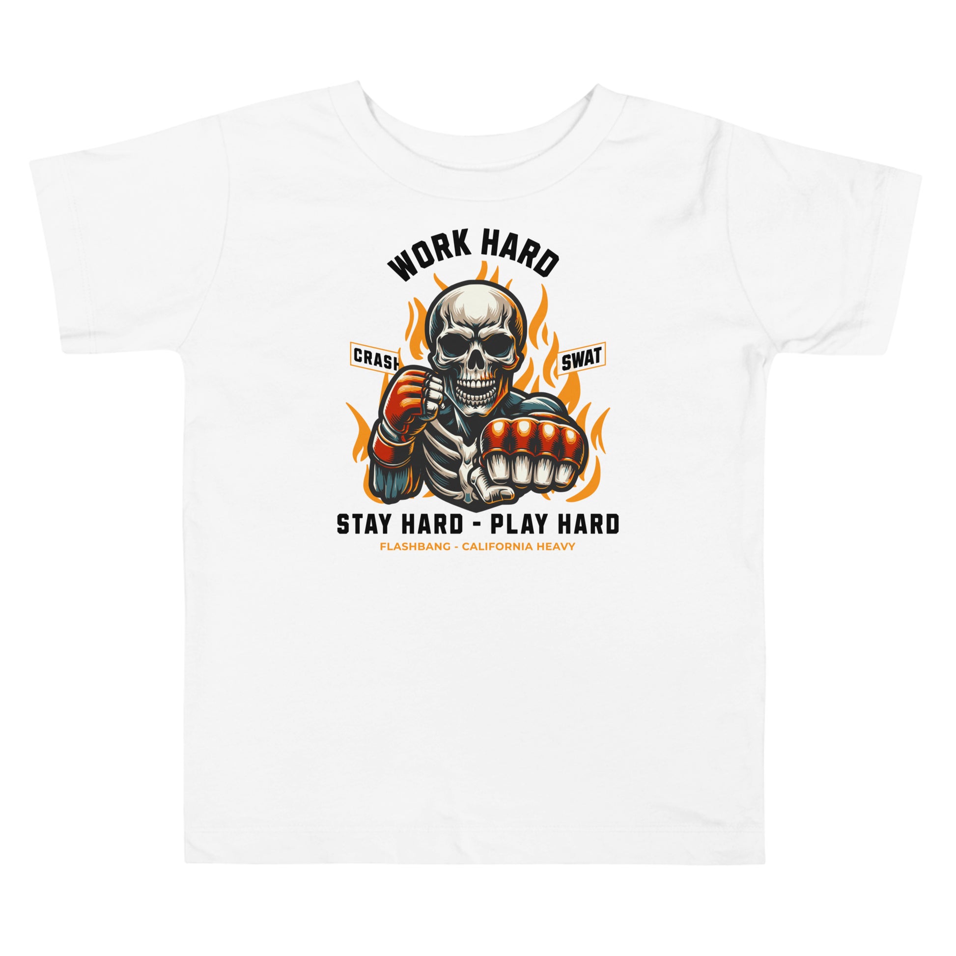 White t-shirt with a graphic design featuring a skeleton and flames on a white background