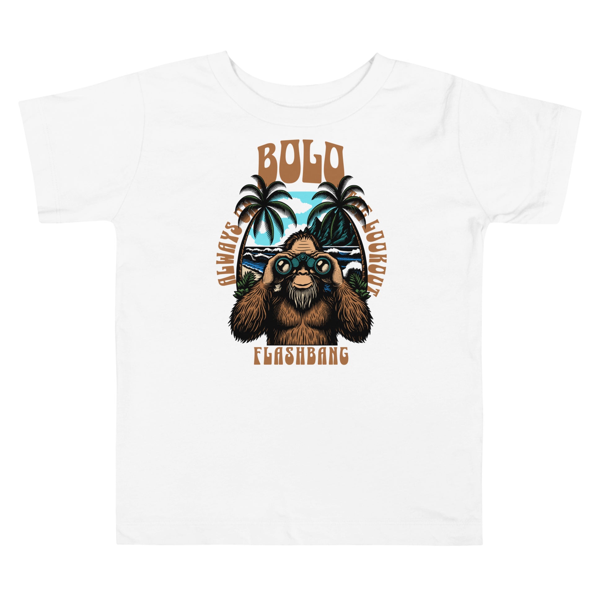 White t-shirt with a graphic design of a monkey wearing sunglasses and palm trees, with text 'Bolo Flashbang' on a white background.