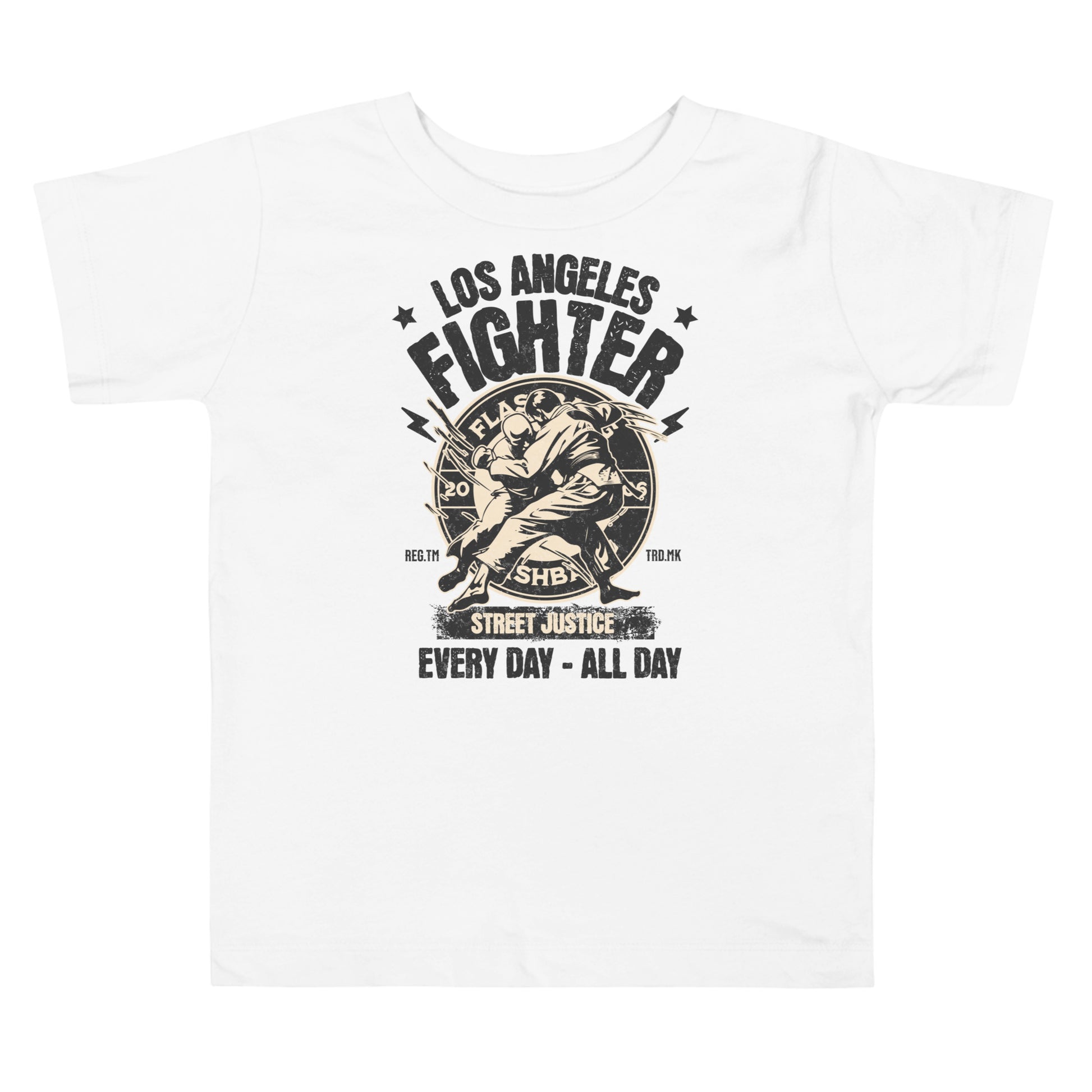 White t-shirt with 'Los Angeles Fighter' graphic design on a white background