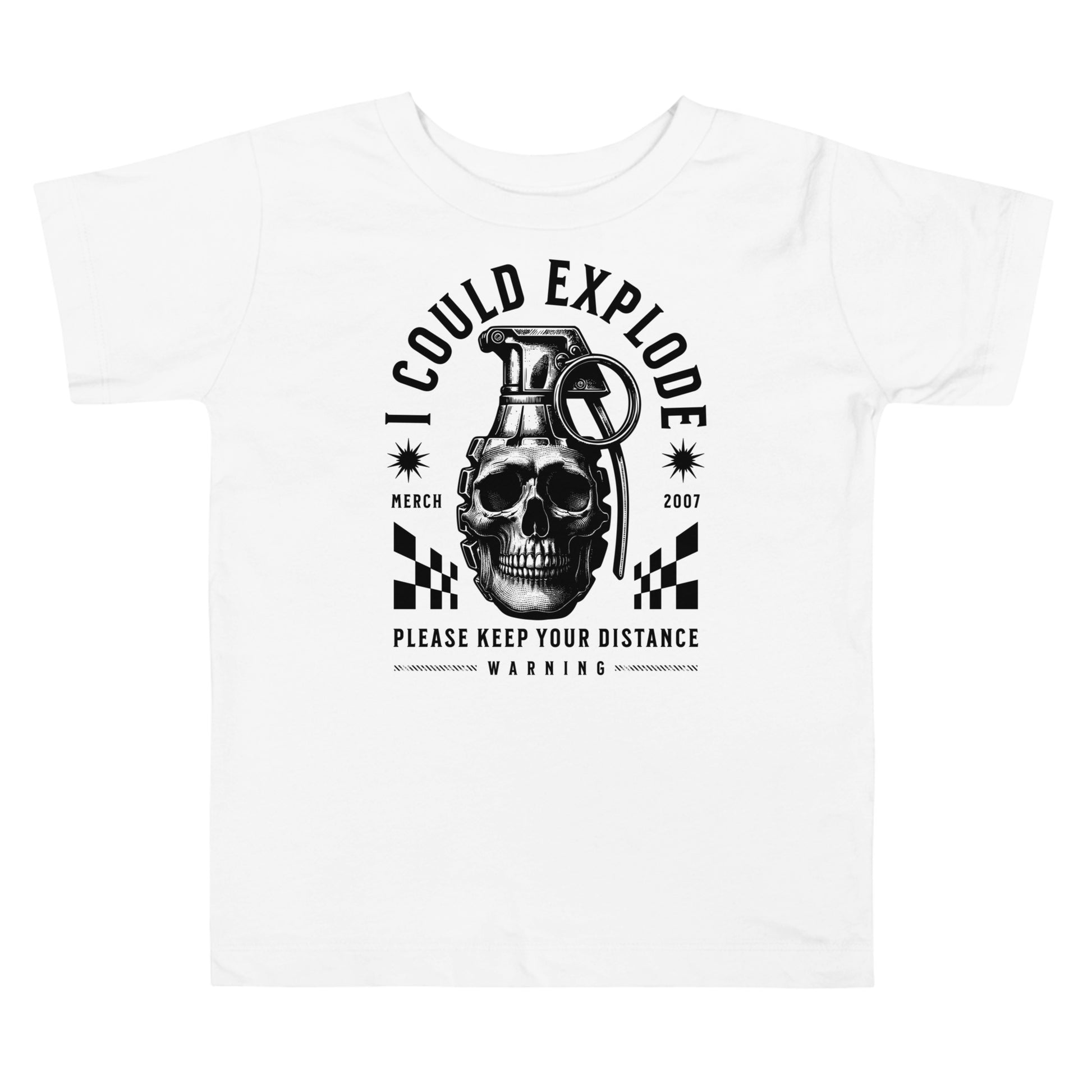 White t-shirt with a graphic design featuring a skull and grenade on a white background