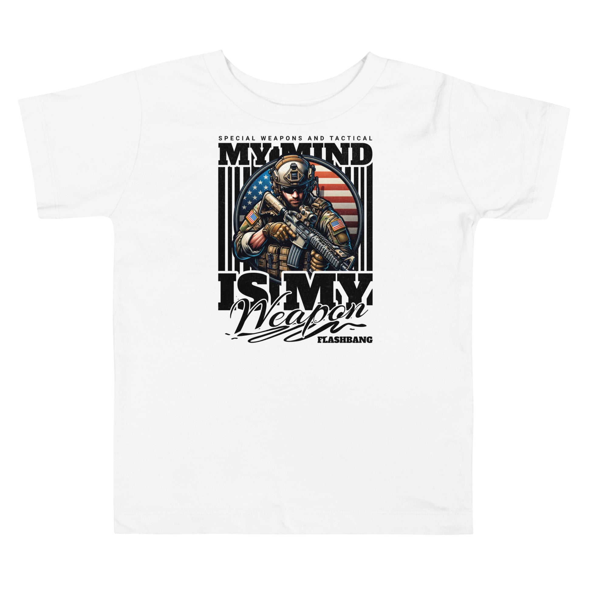 White t-shirt with graphic design featuring a soldier and text on a white background