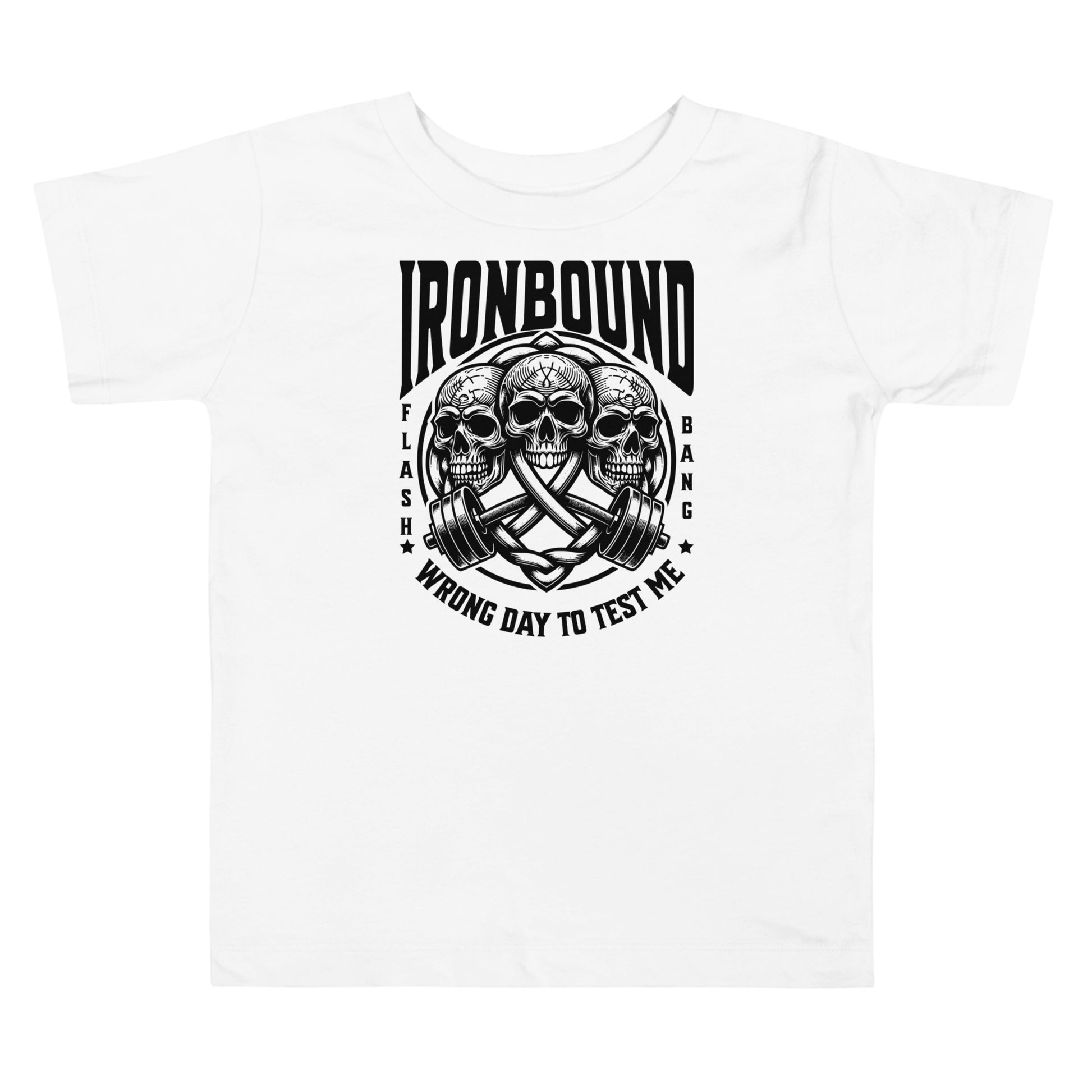 White t-shirt with black graphic design featuring skulls and text on a white background