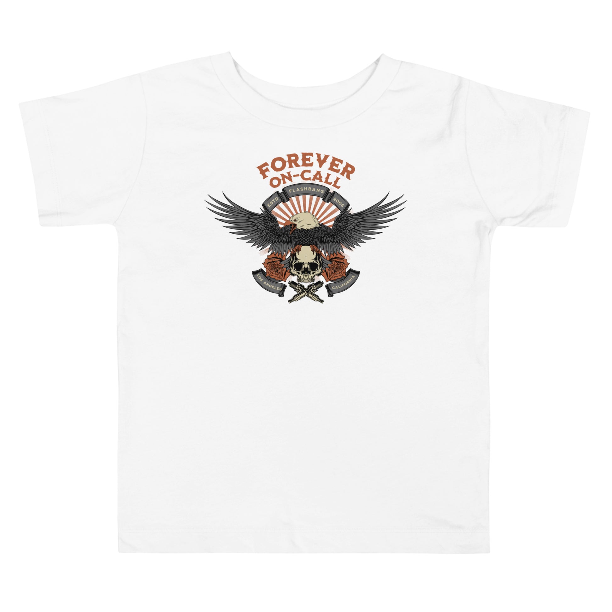 White t-shirt with an eagle and skull design and 'Forever On-Call' text on a white background