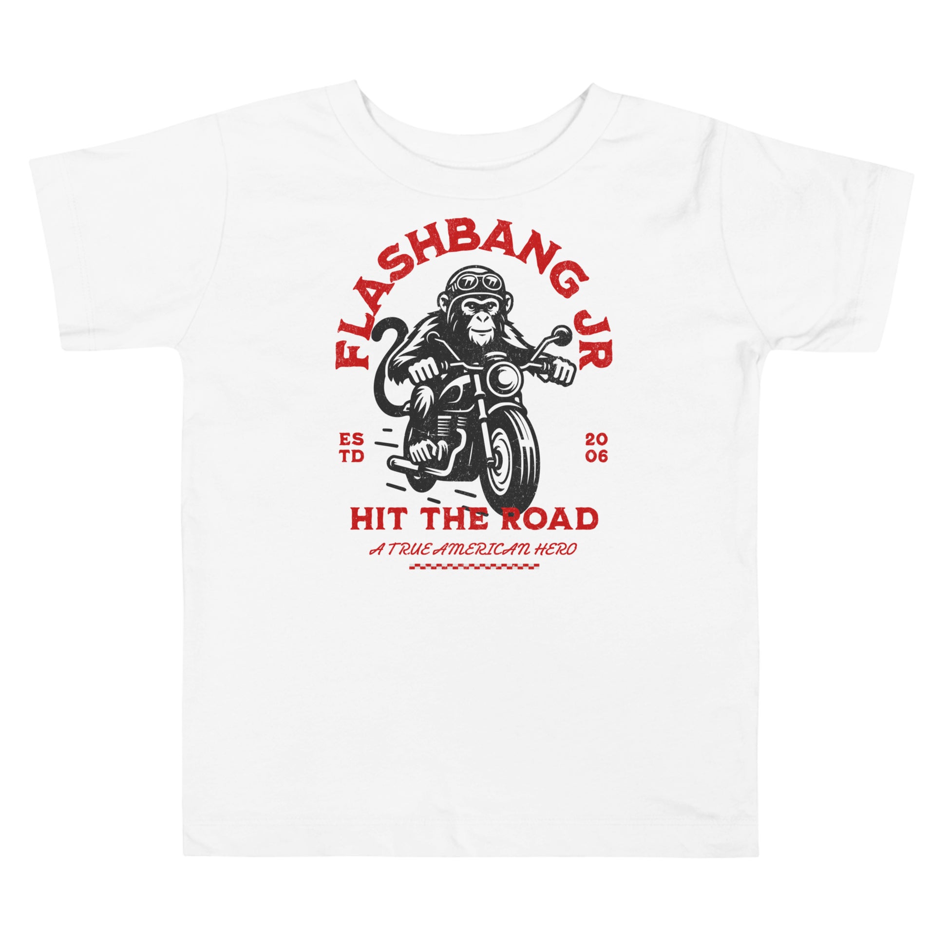 White t-shirt with a graphic design featuring a monkey on a motorcycle and text 'Flashbang Jr. Hit the Road'.