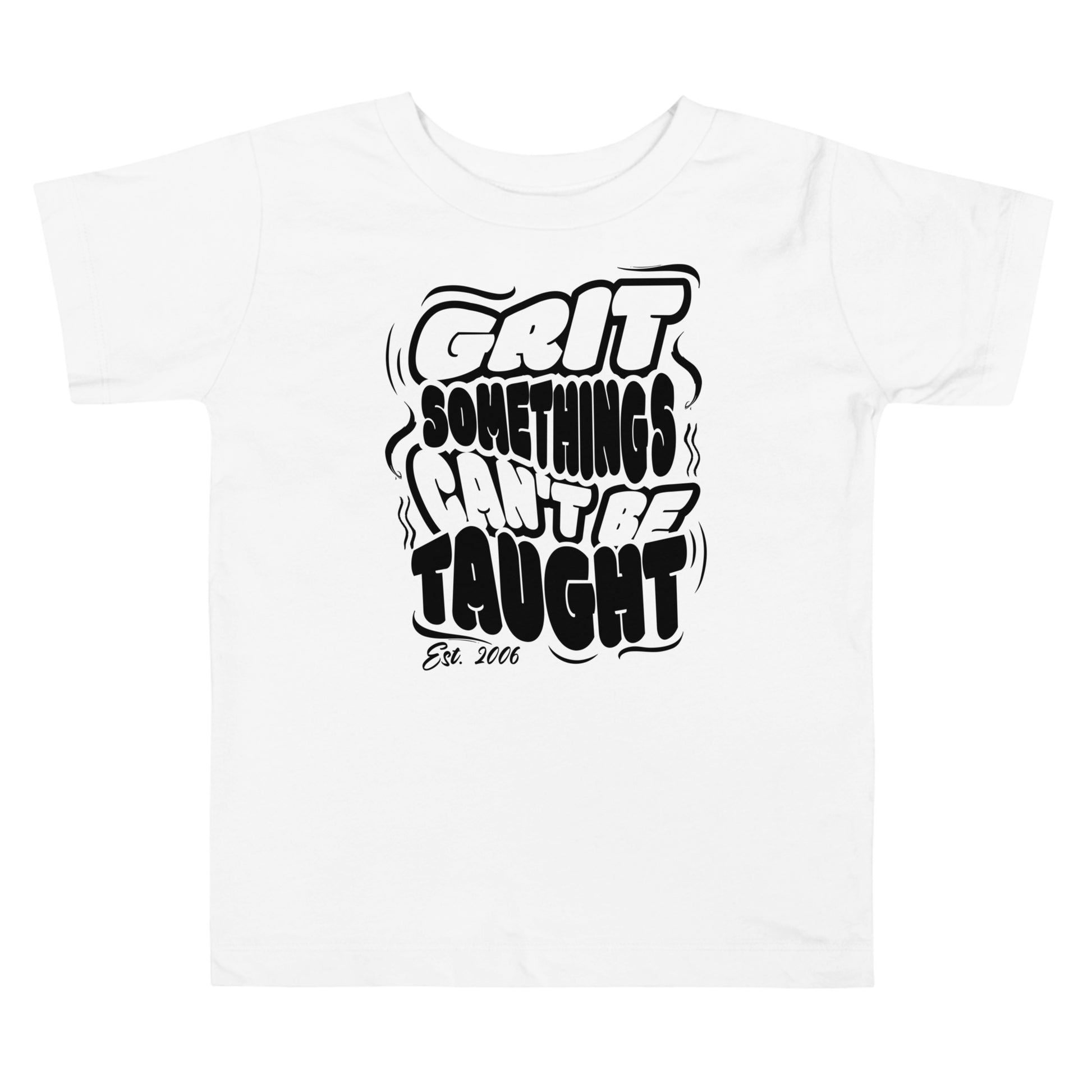 White t-shirt with black text design on a white background