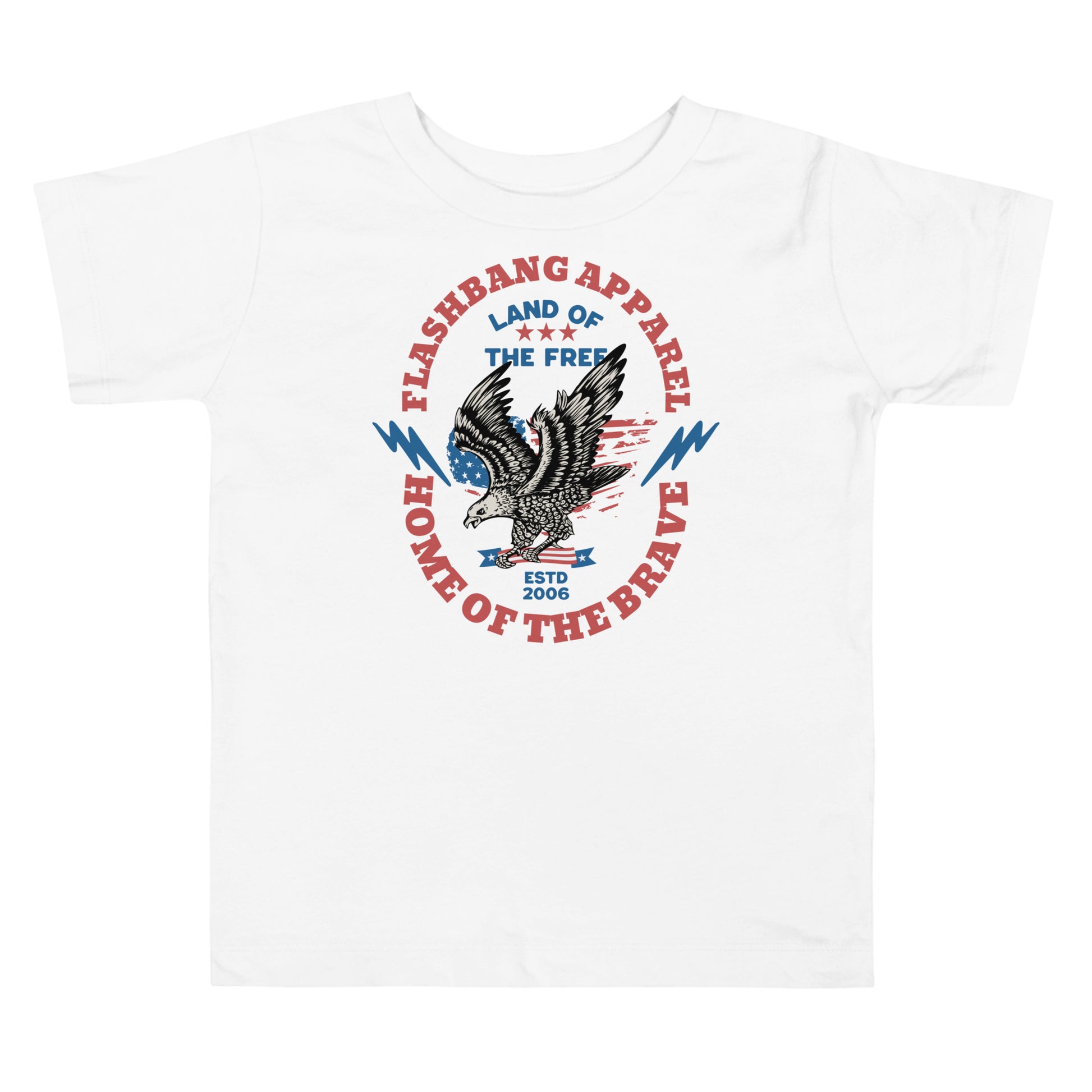 White t-shirt with an eagle graphic and text on a white background