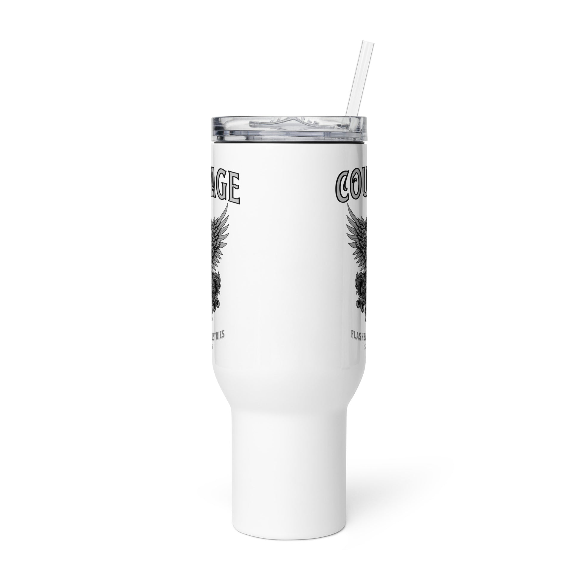 White tumbler with black text and design on a white background