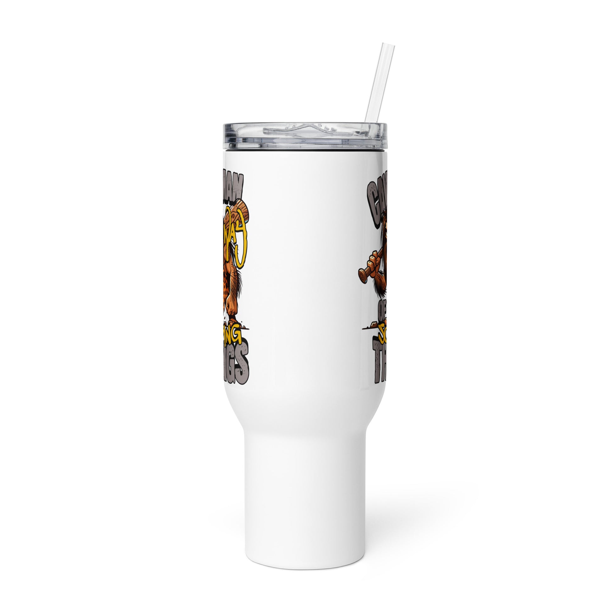 White tumbler with cartoon character design on a white background