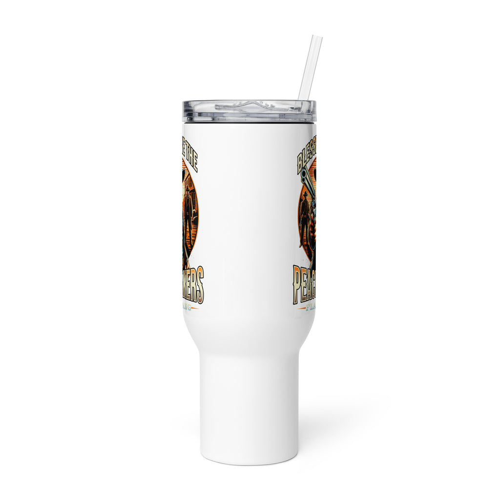 White tumbler with a design featuring text and circular elements on a white background