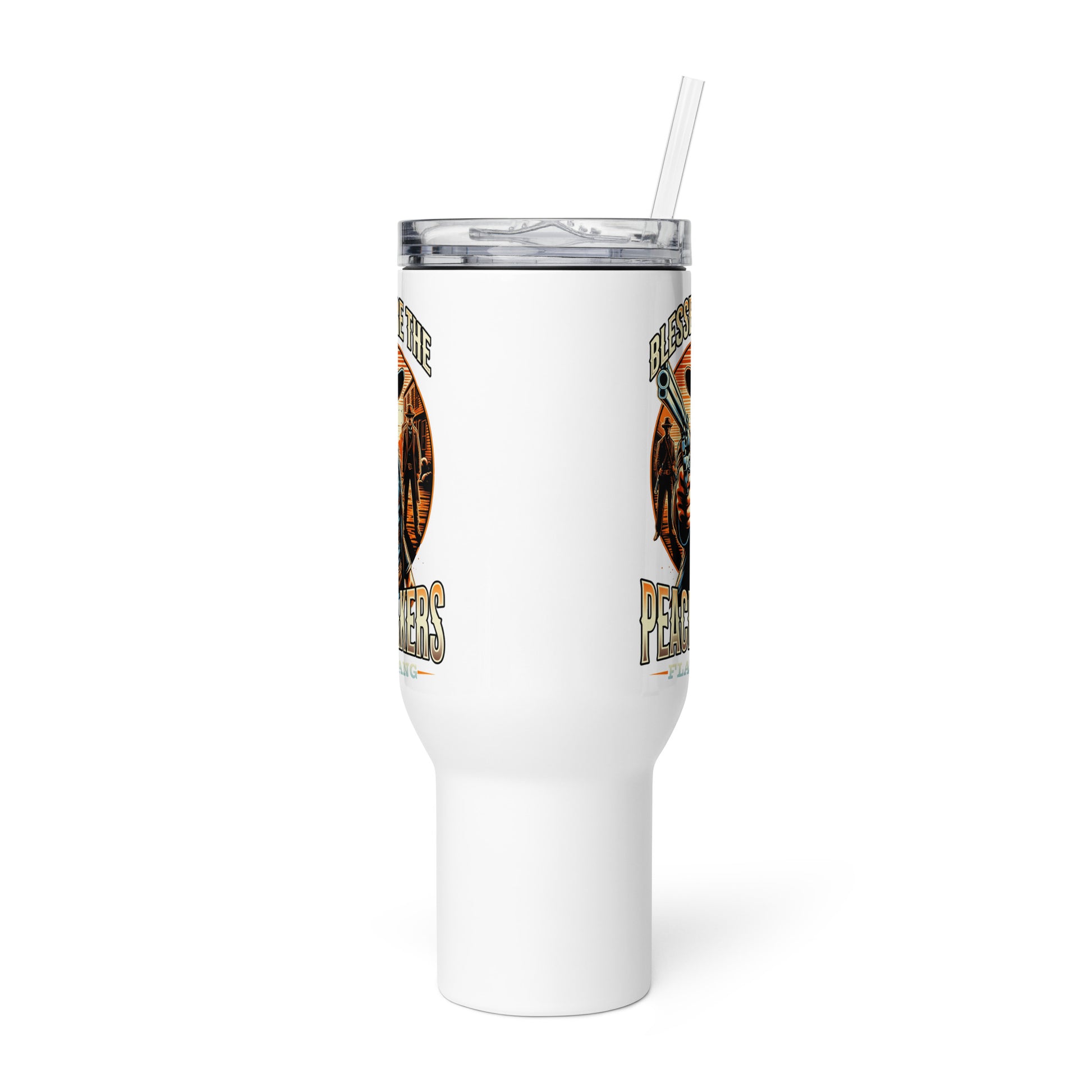 White tumbler with a design featuring text and circular elements on a white background