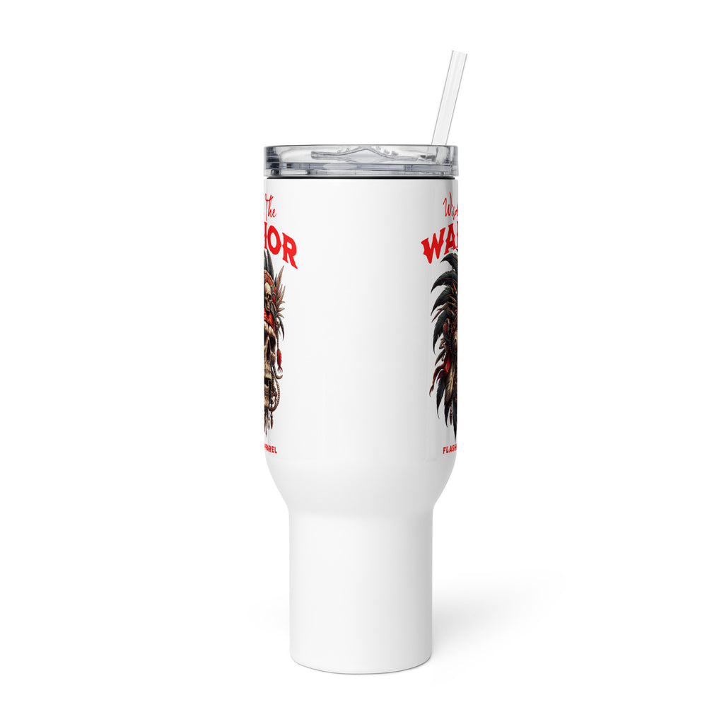 White tumbler with red text and black graphics on a white background
