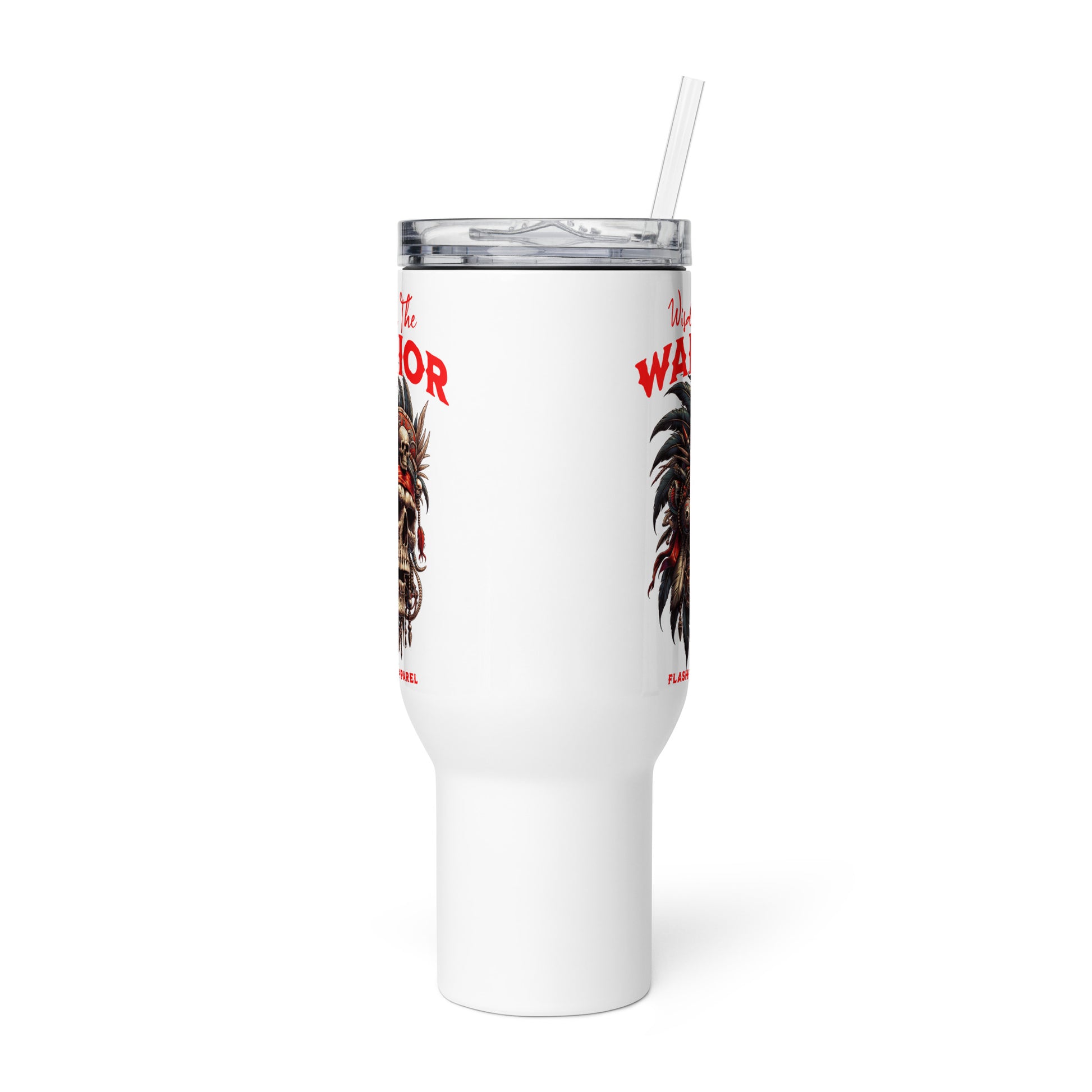 White tumbler with red text and black graphics on a white background