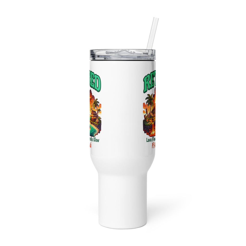White tumbler with colorful design and text on a white background