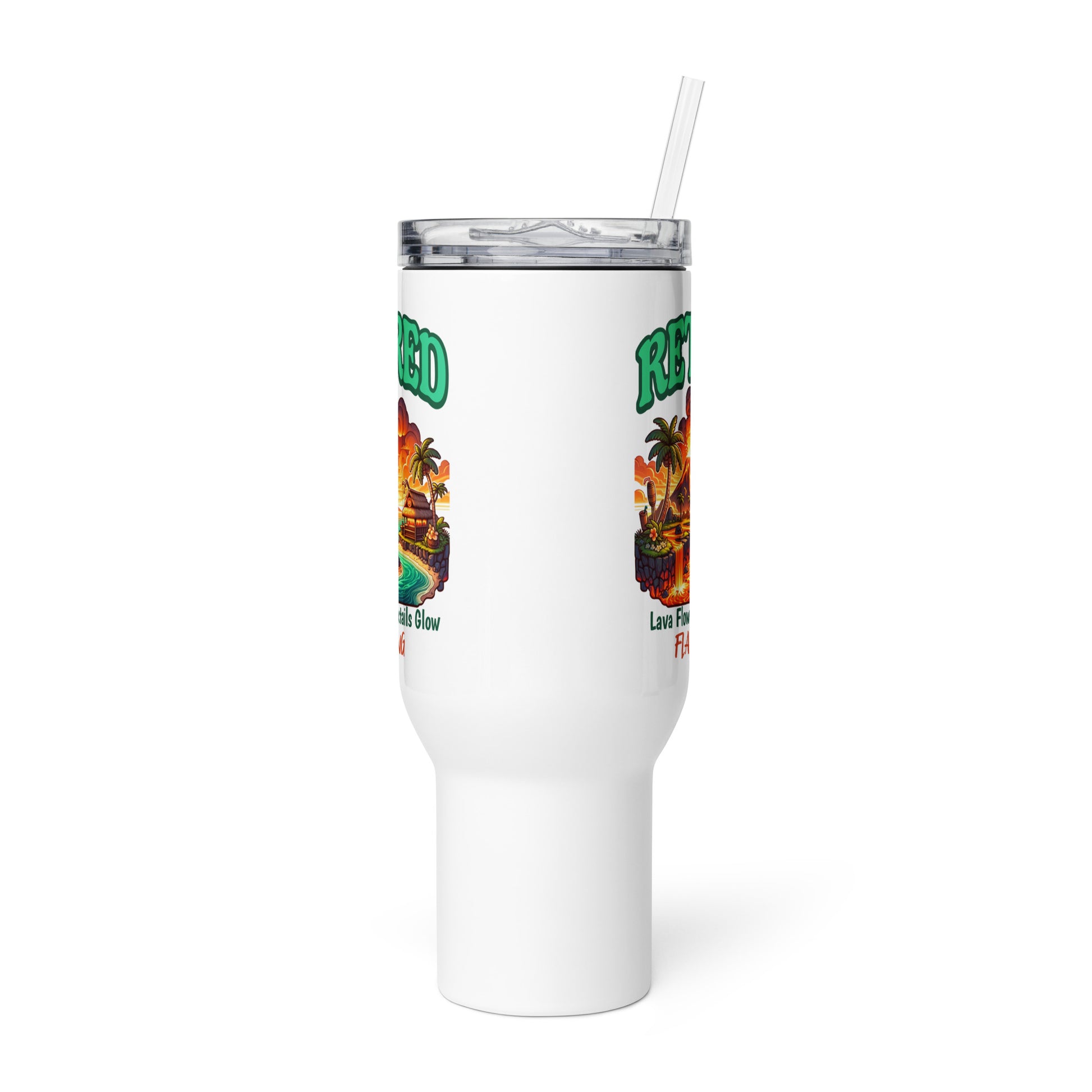 White tumbler with colorful design and text on a white background