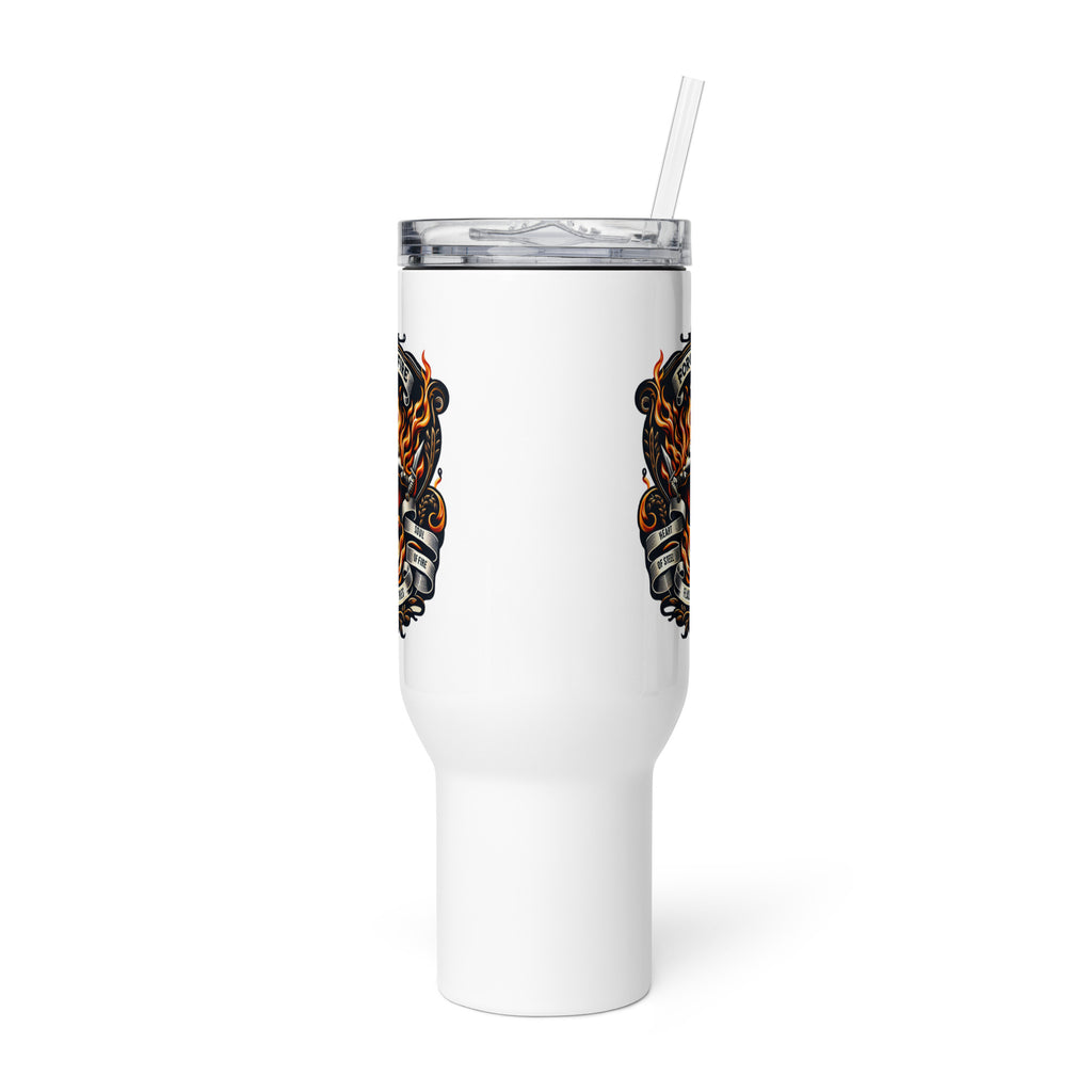 White tumbler with black and orange design on a white background