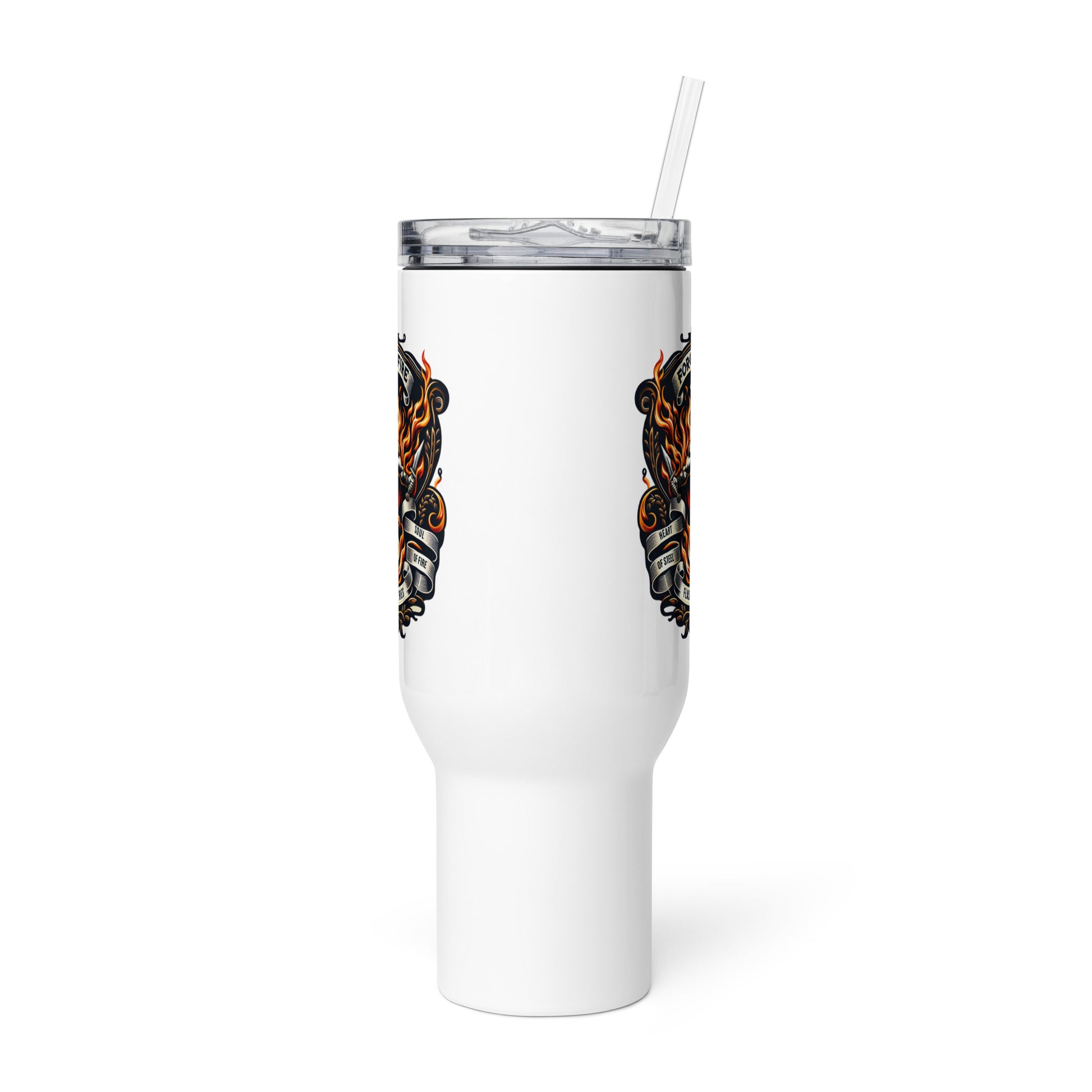 White tumbler with black and orange design on a white background