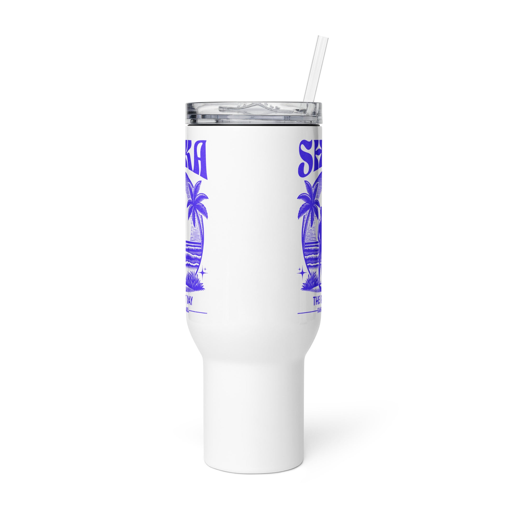 White tumbler with blue palm tree design and straw on a white background