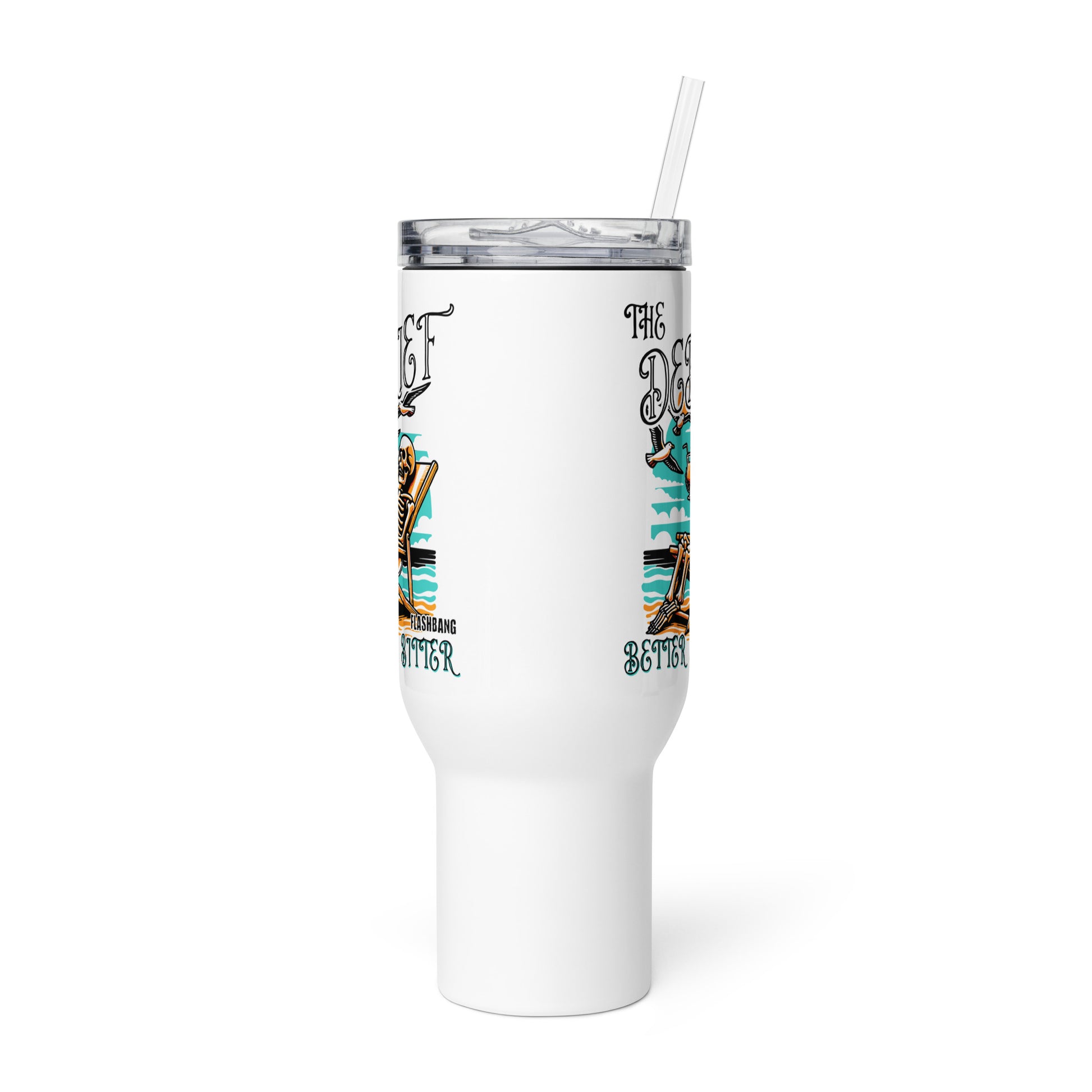 White tumbler with decorative text and images on a white background