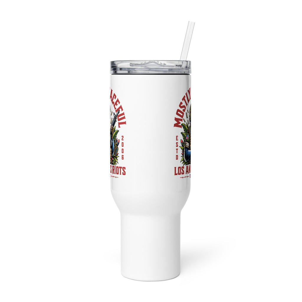 White tumbler with colorful graphics and text on a white background