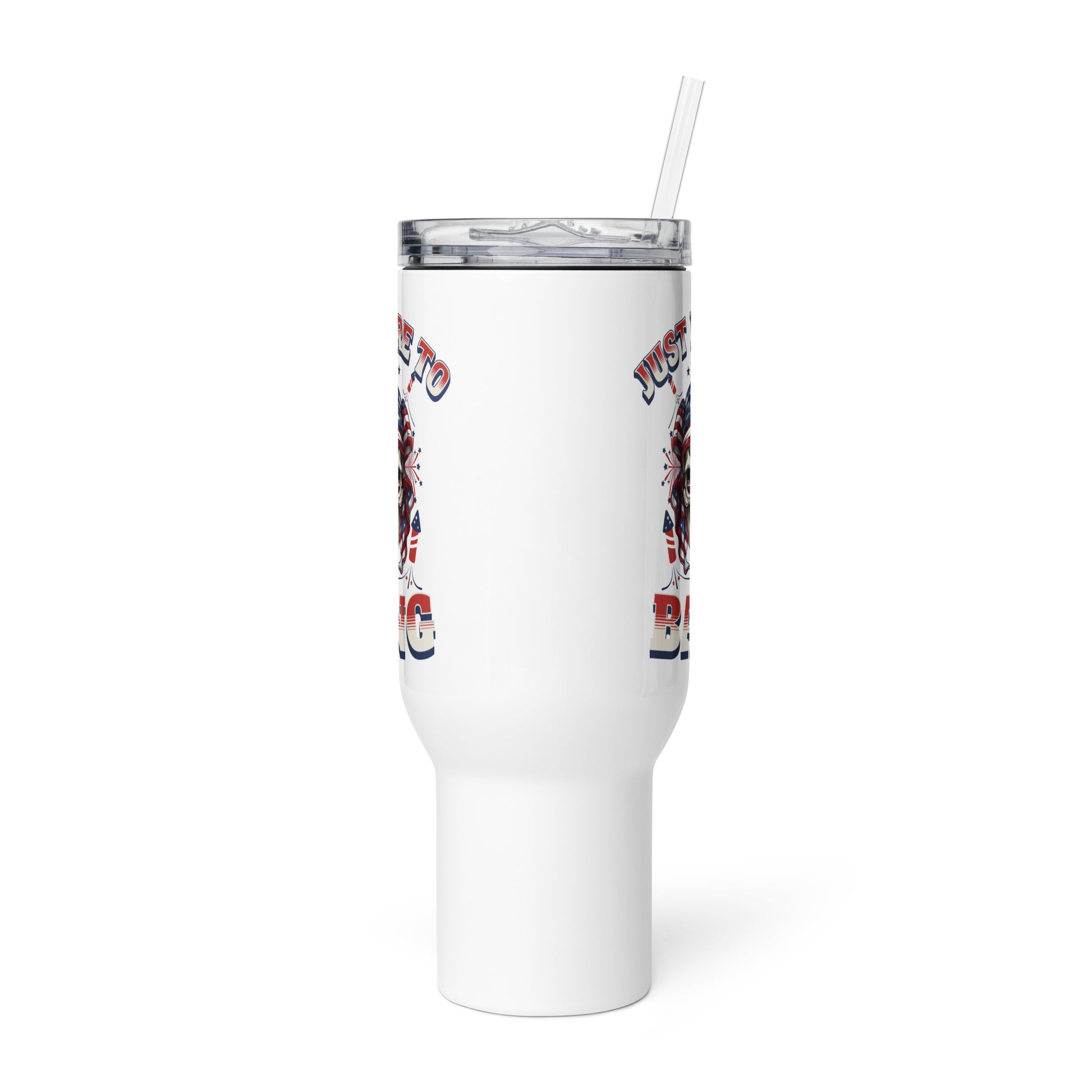 White tumbler with a colorful design on a white background