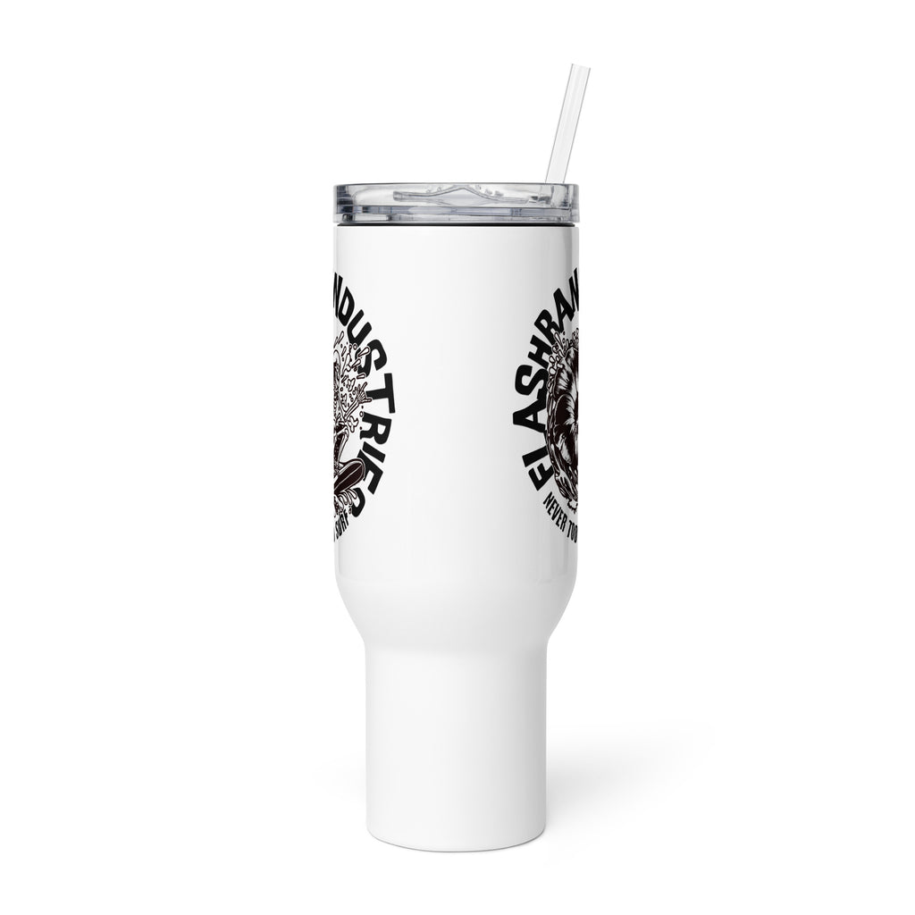 White tumbler with black text and logo on a white background