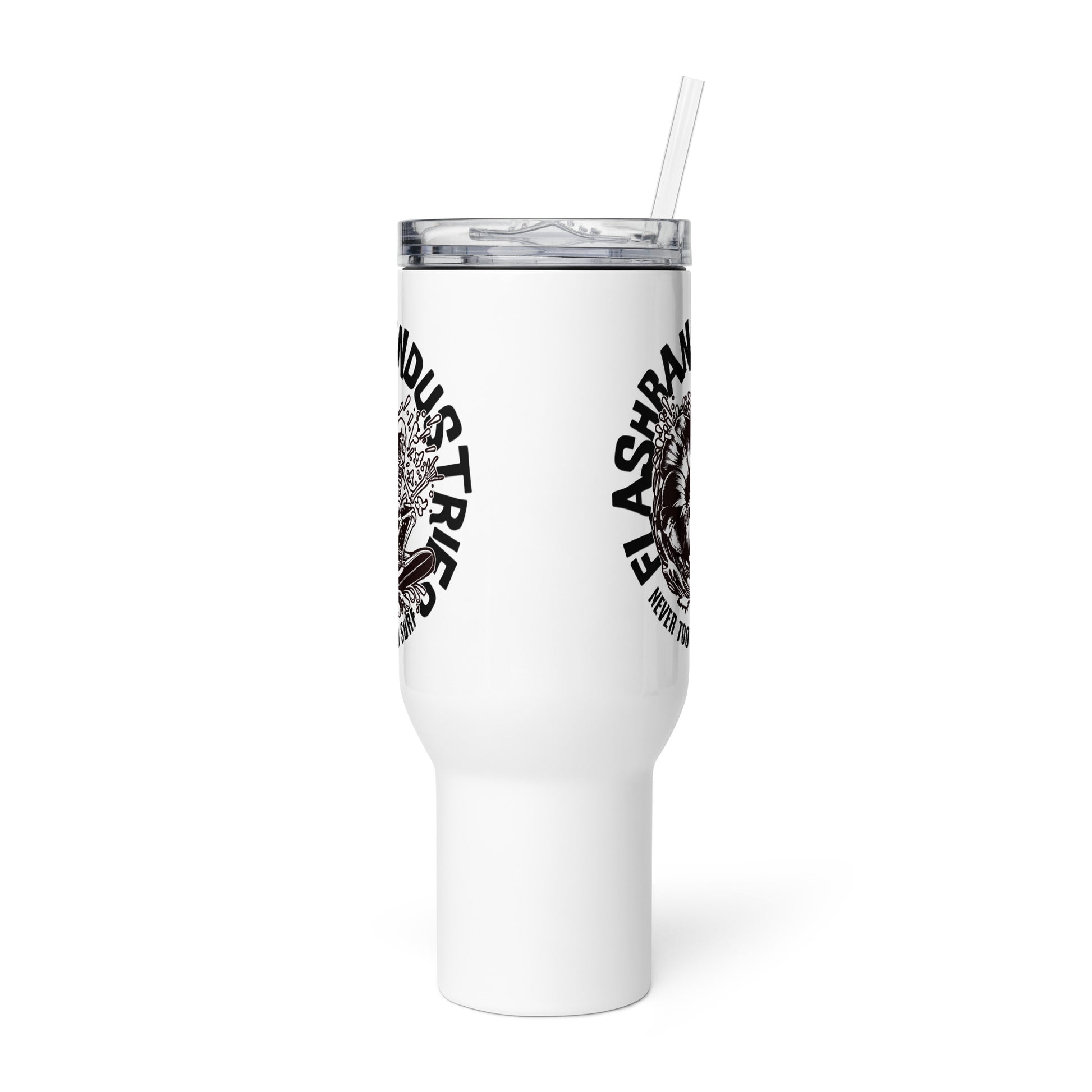 White tumbler with black text and logo on a white background