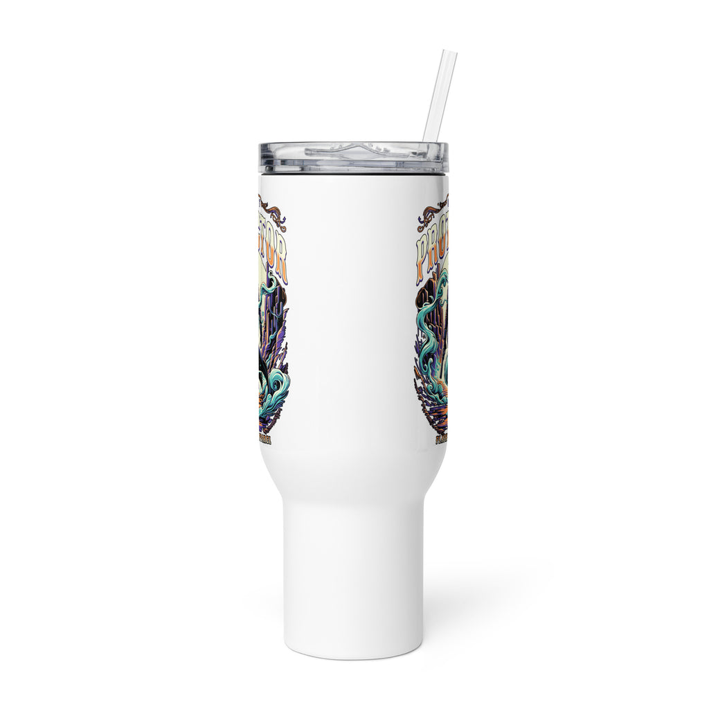 White tumbler with colorful design on a white background