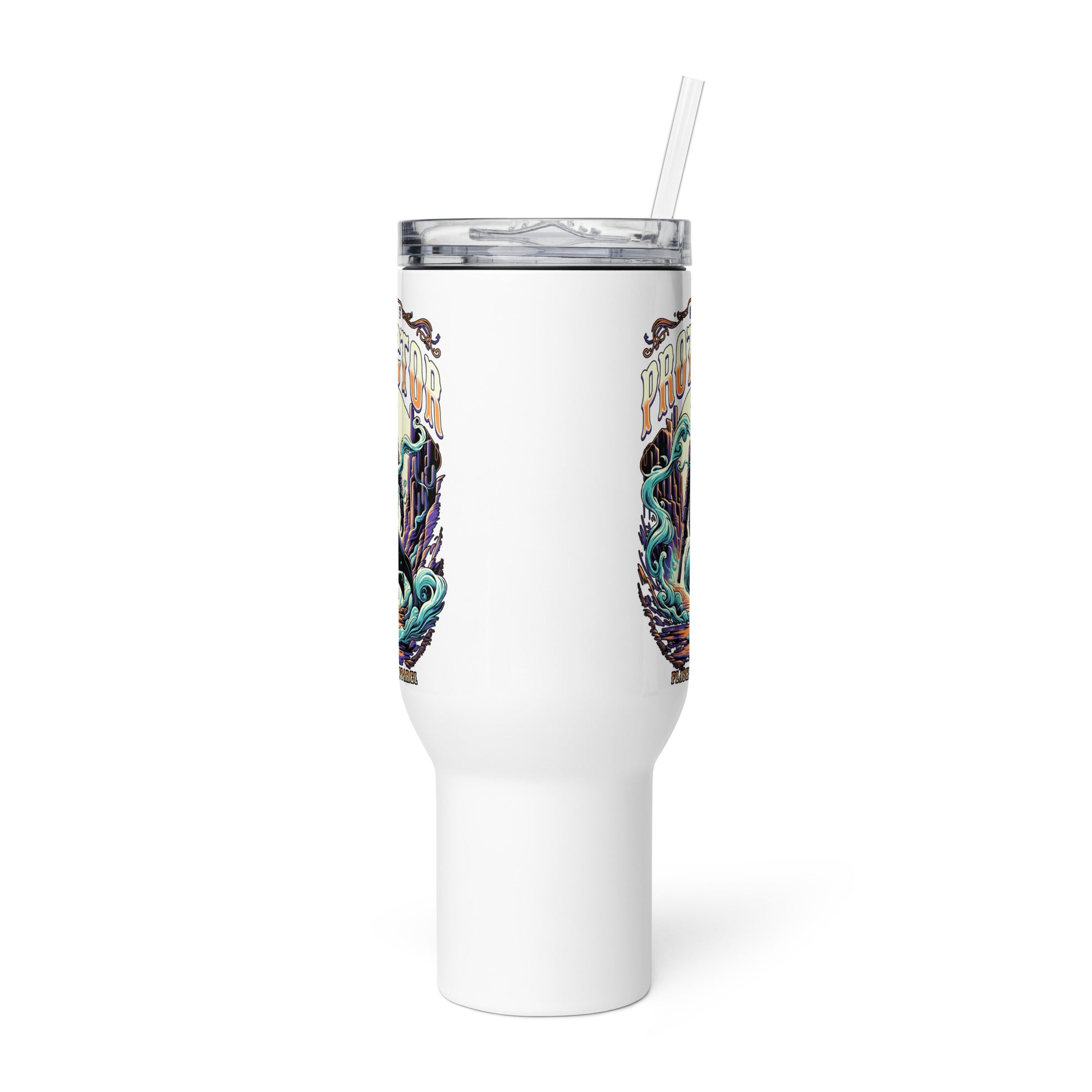 White tumbler with colorful design on a white background