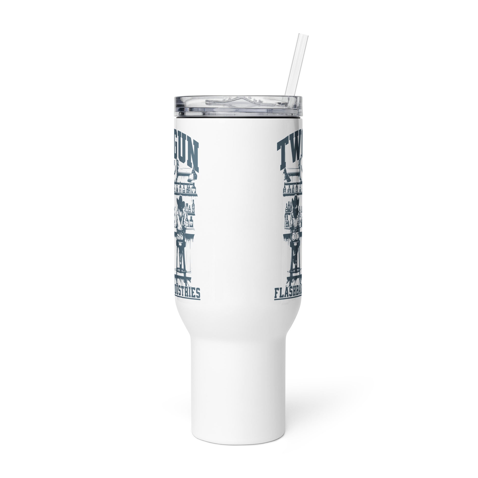 White tumbler with black text and a straw on a white background
