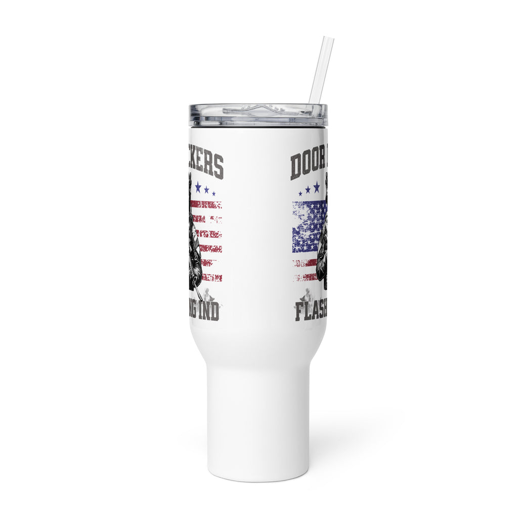 White tumbler with American flag design and text on a white background