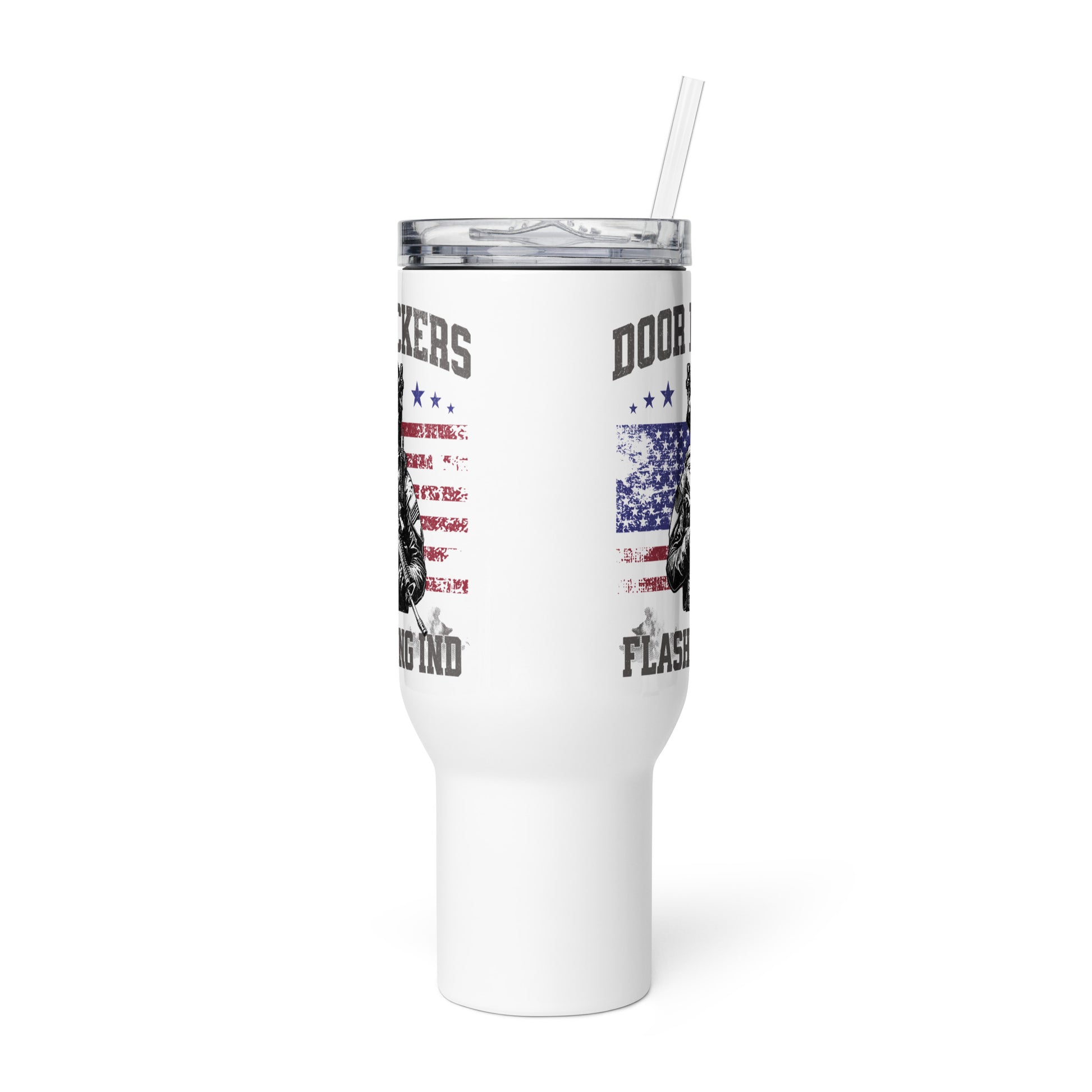 White tumbler with American flag design and text on a white background
