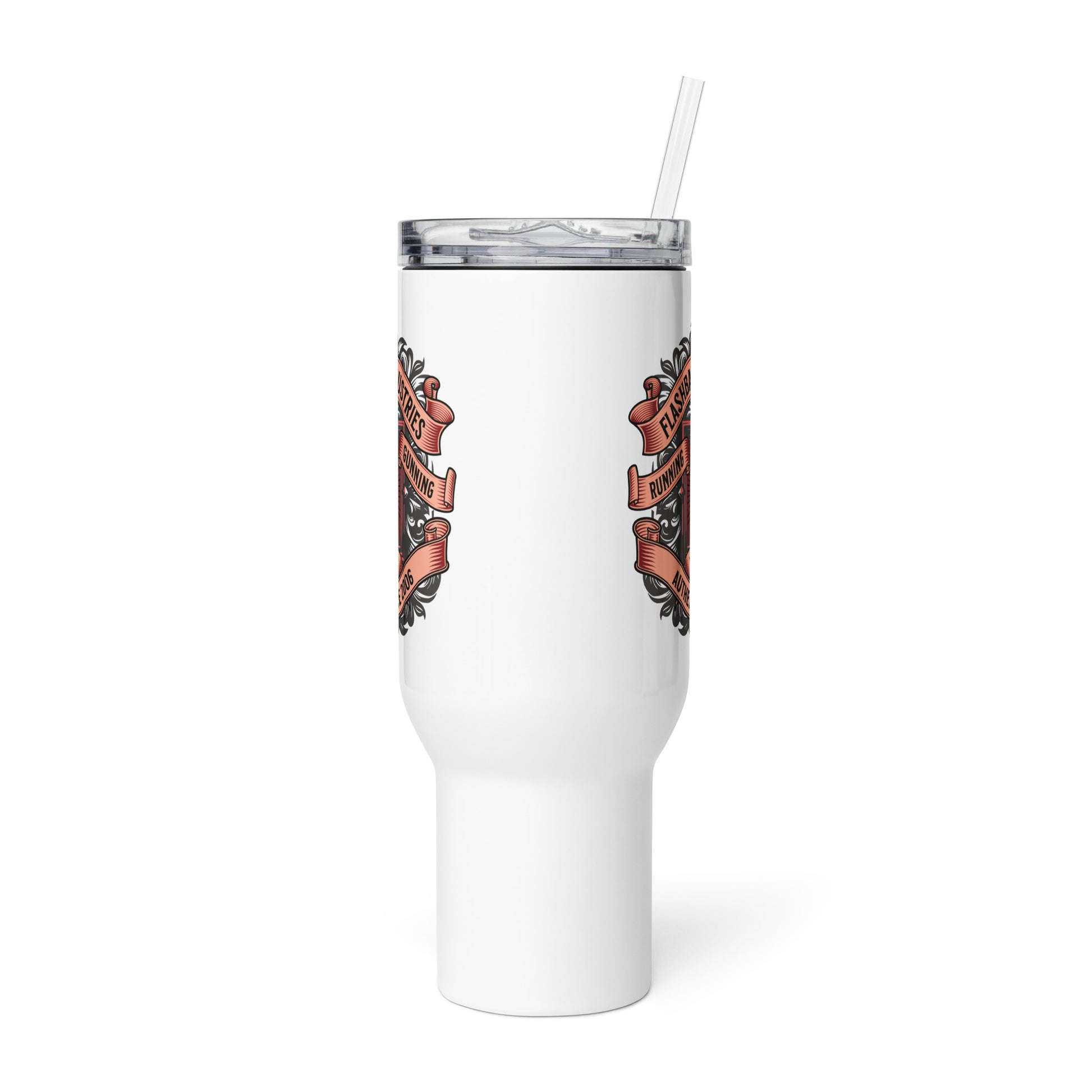 White tumbler with black and orange designs on a white background