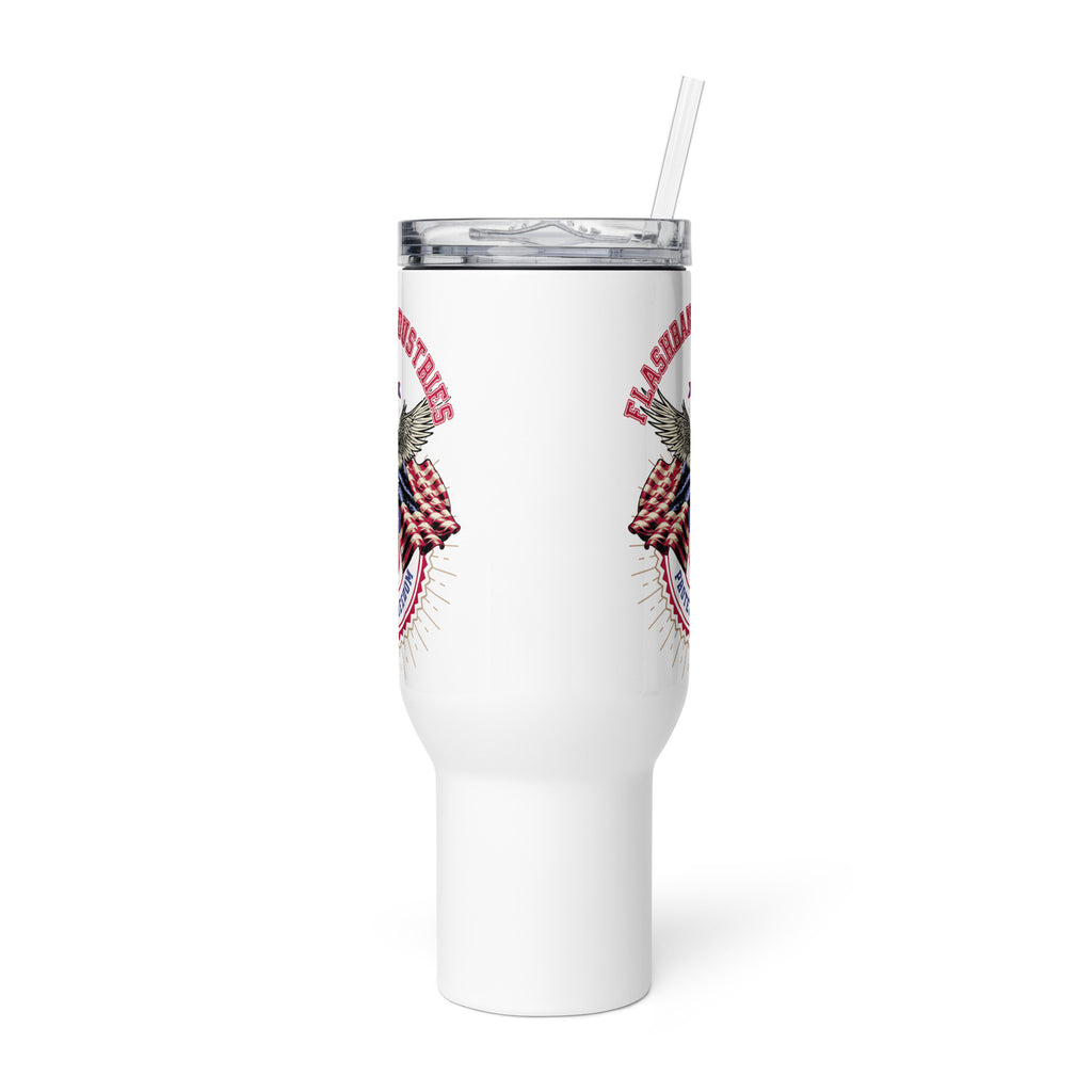 White tumbler with eagle design and text on a white background