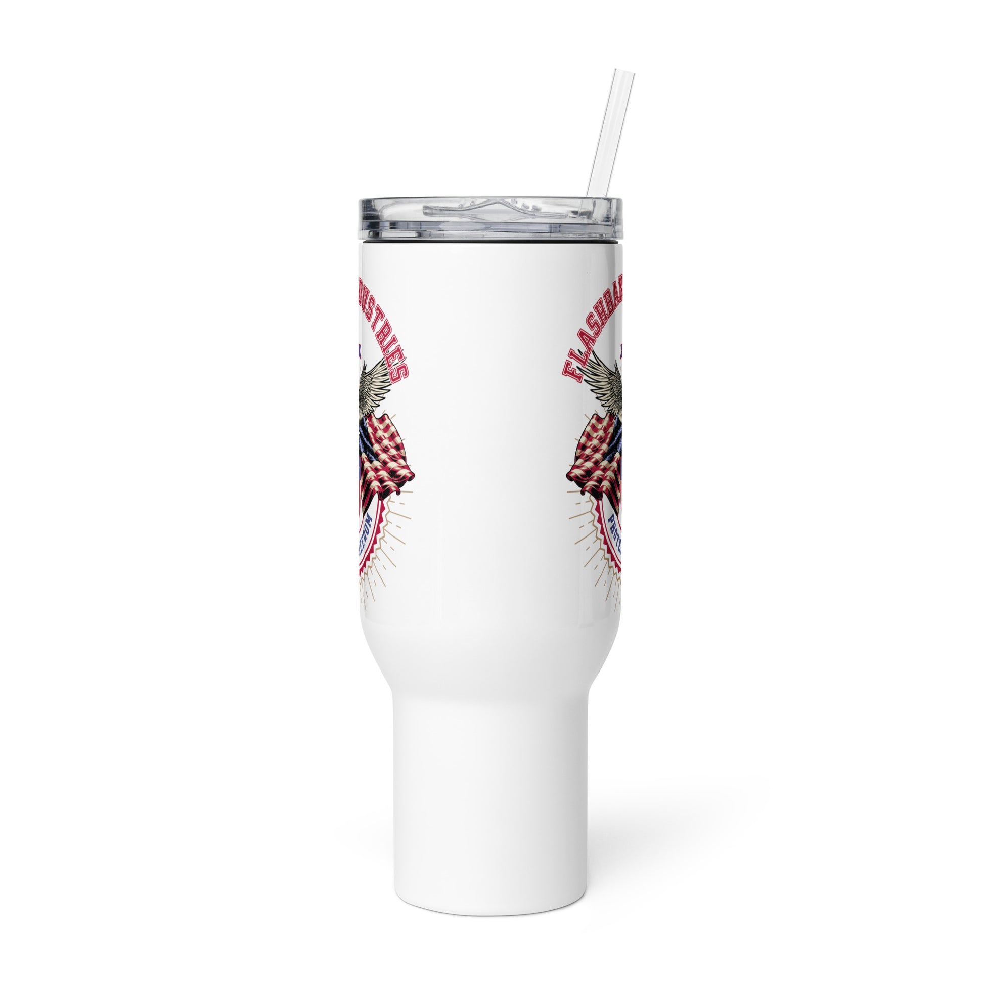 White tumbler with eagle design and text on a white background