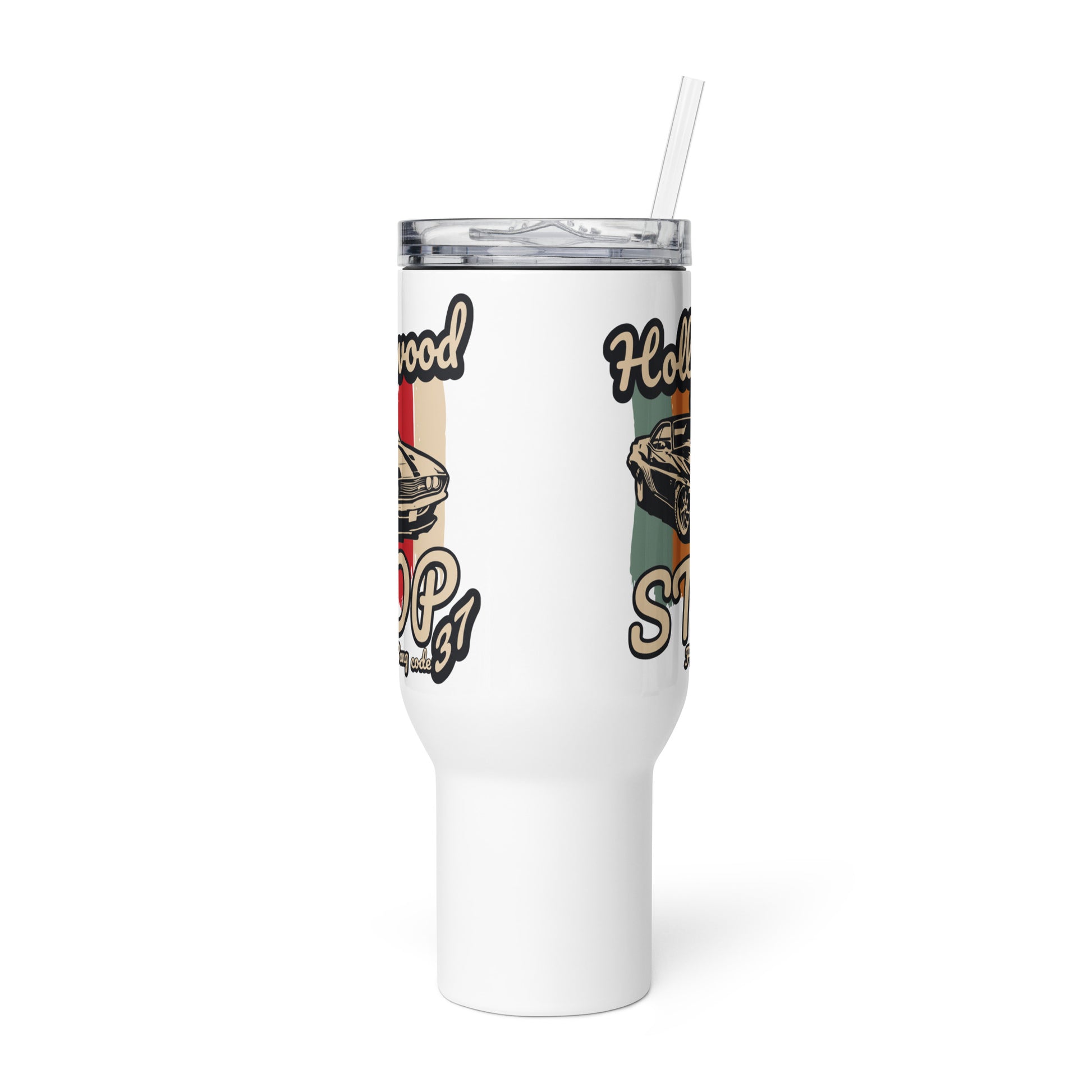 White tumbler with colorful graphics on a white background