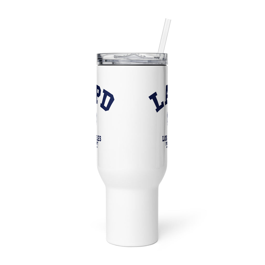 White tumbler with blue text on a white background
