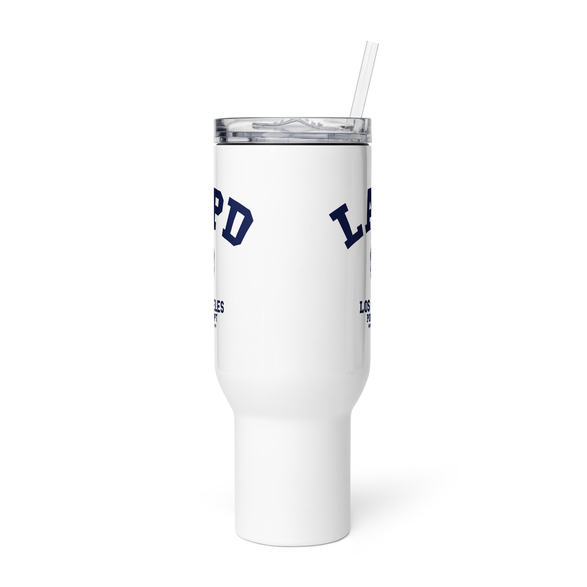 White tumbler with blue text on a white background