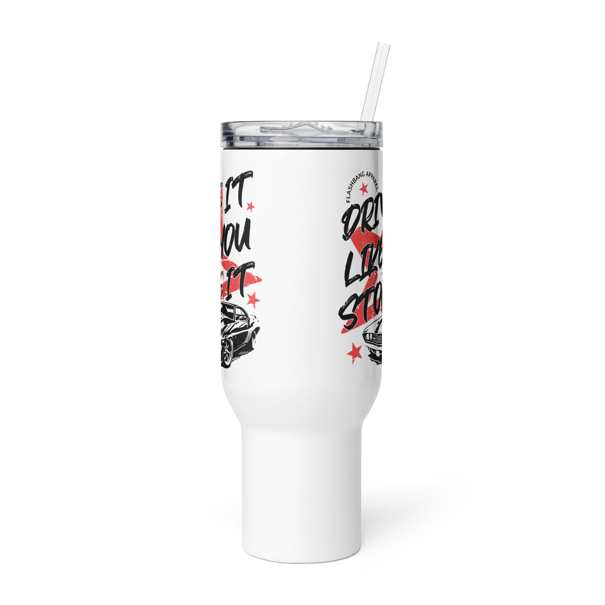 White tumbler with black and red text and graphics on a white background