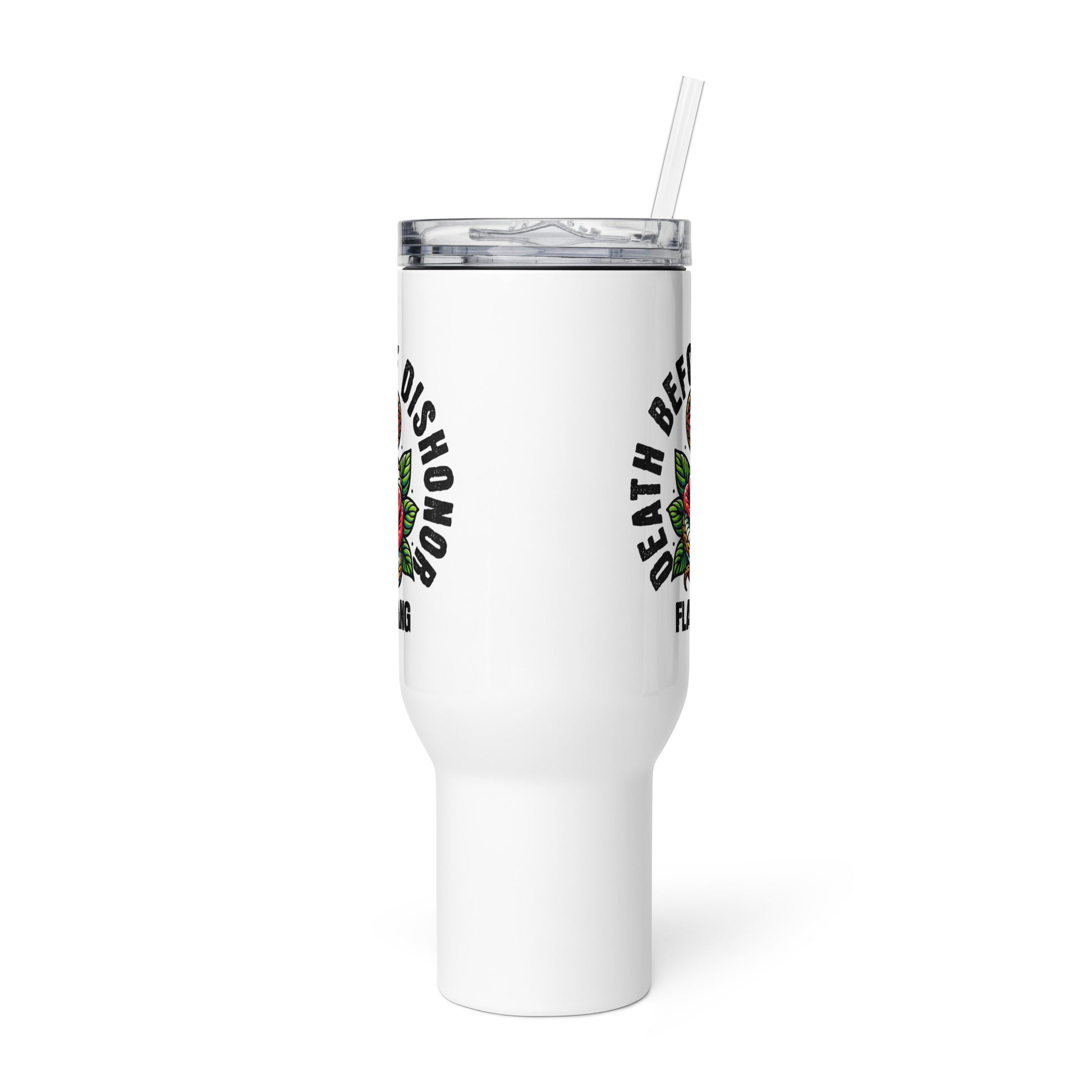 White tumbler with text and graphics on a white background