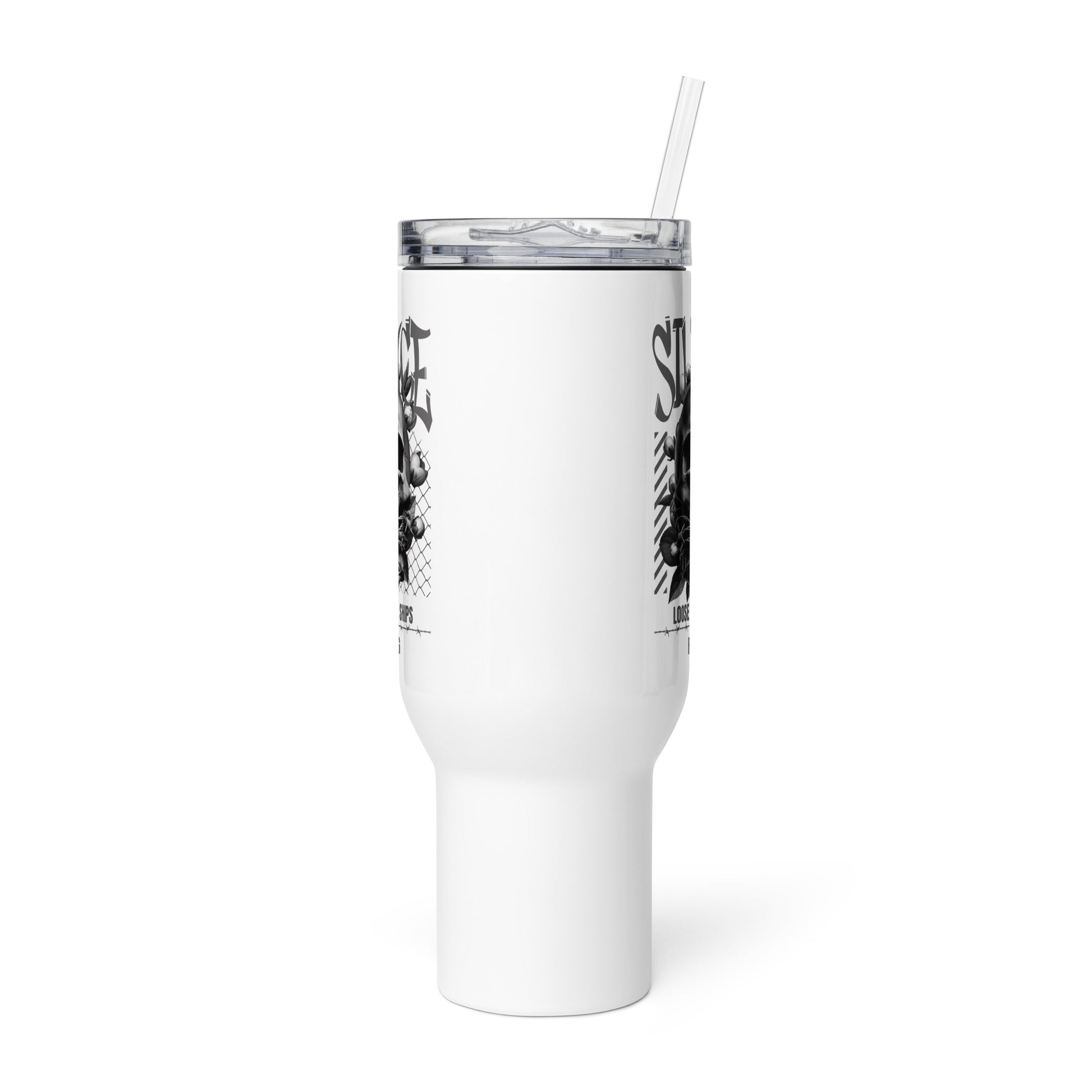 White tumbler with black designs on a white background