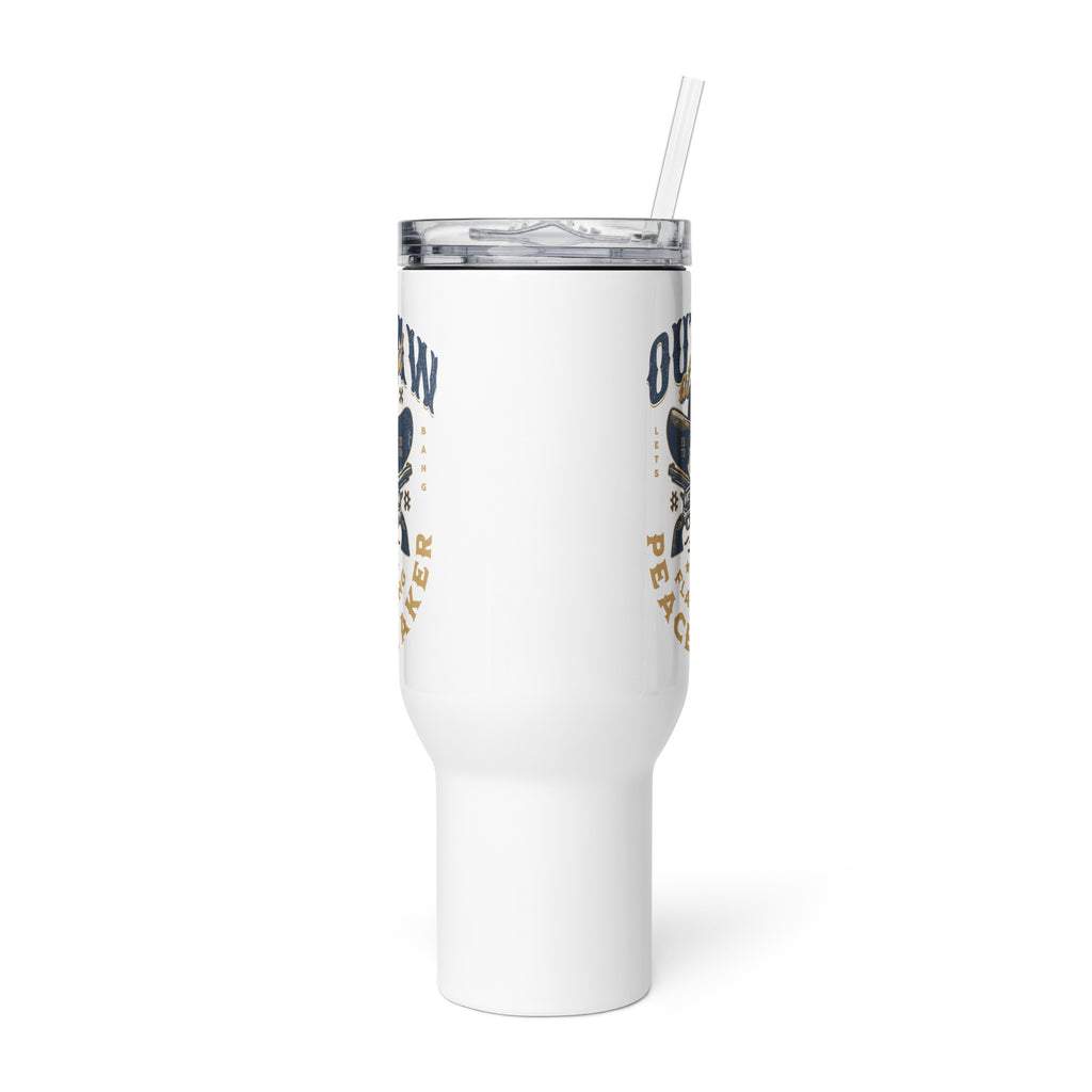 White tumbler with text and a straw on a white background