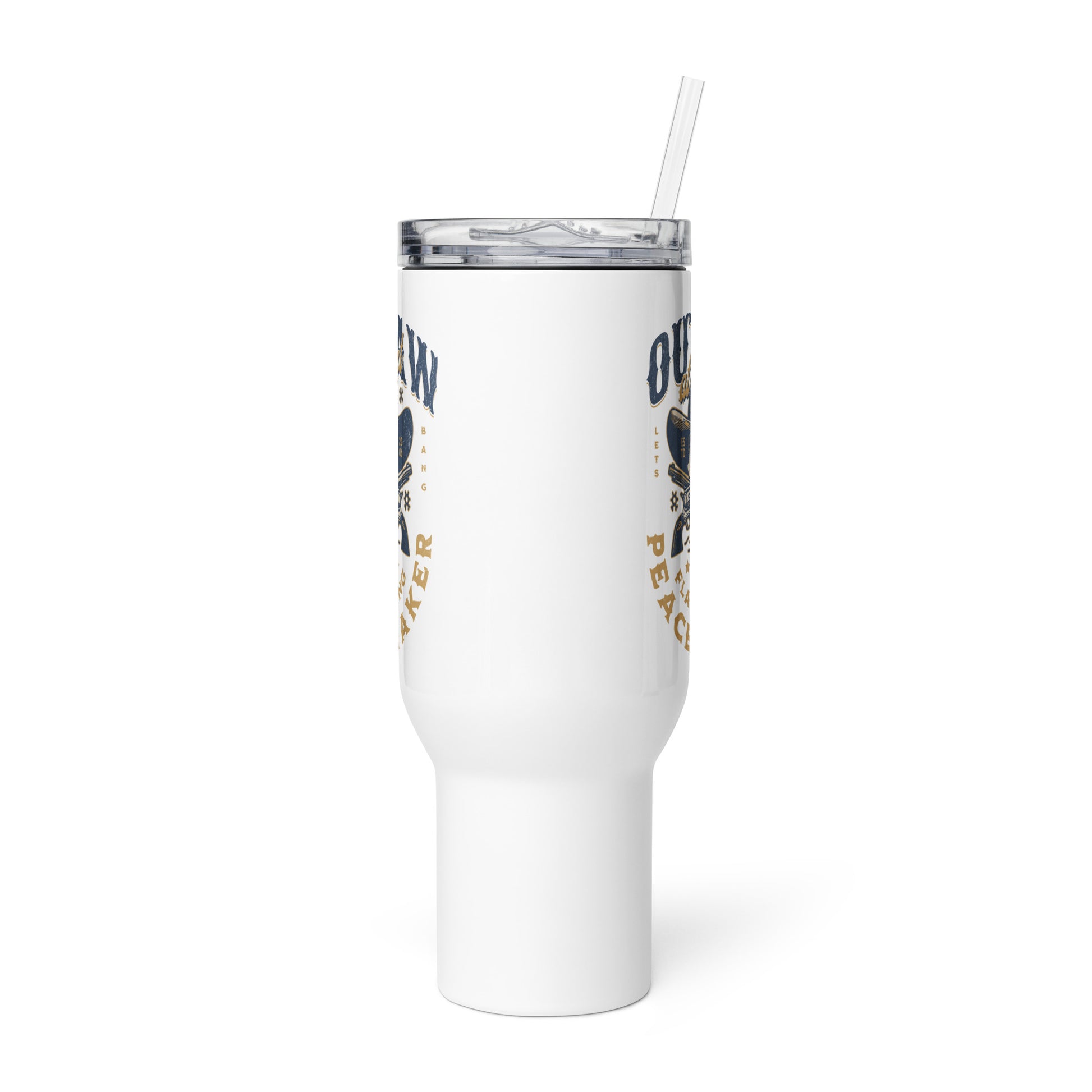 White tumbler with text and a straw on a white background