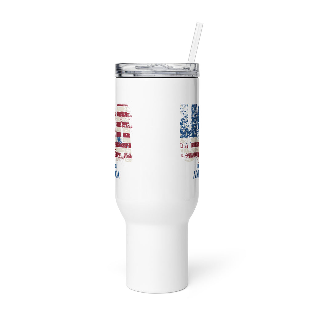 White tumbler with American flag design on a white background