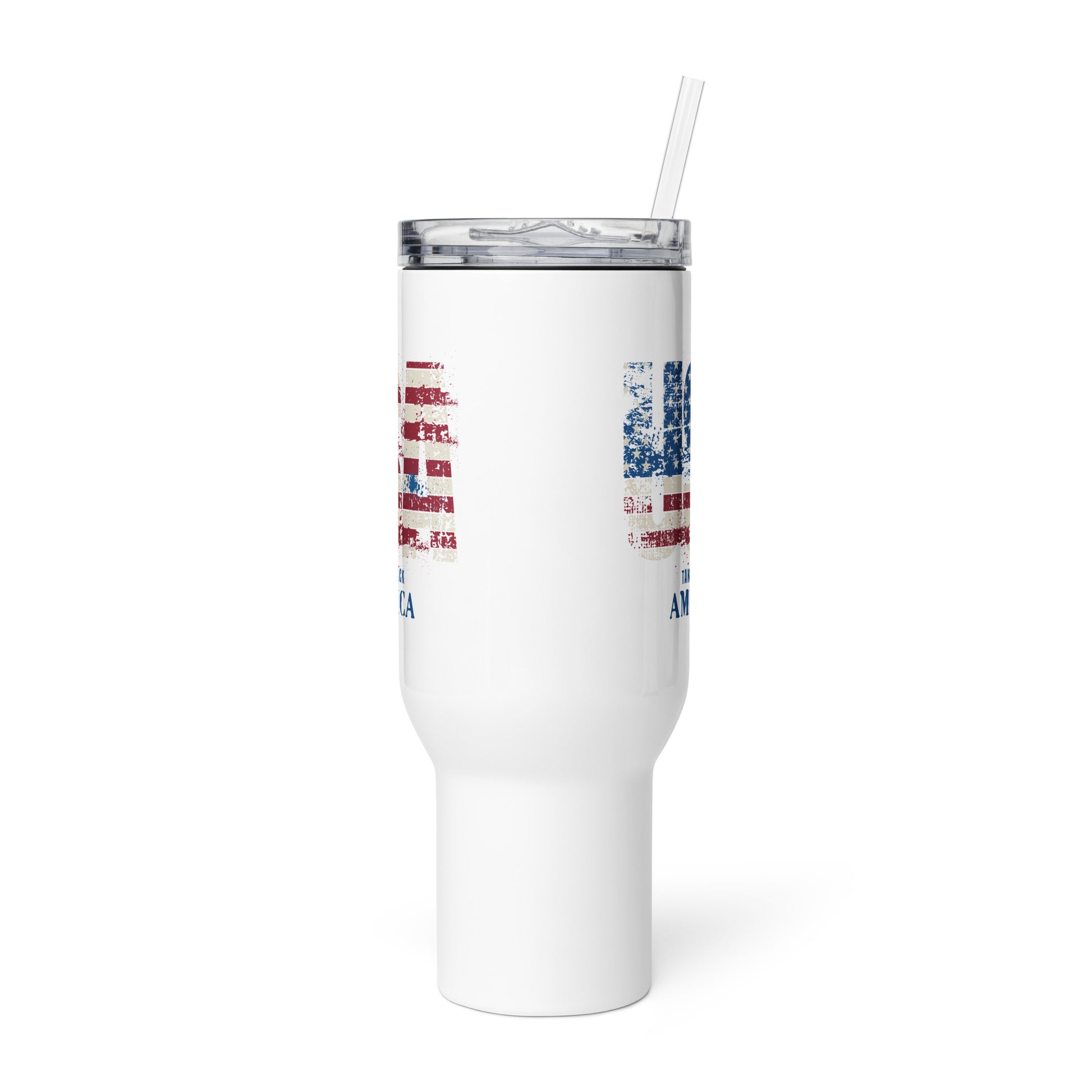 White tumbler with American flag design on a white background